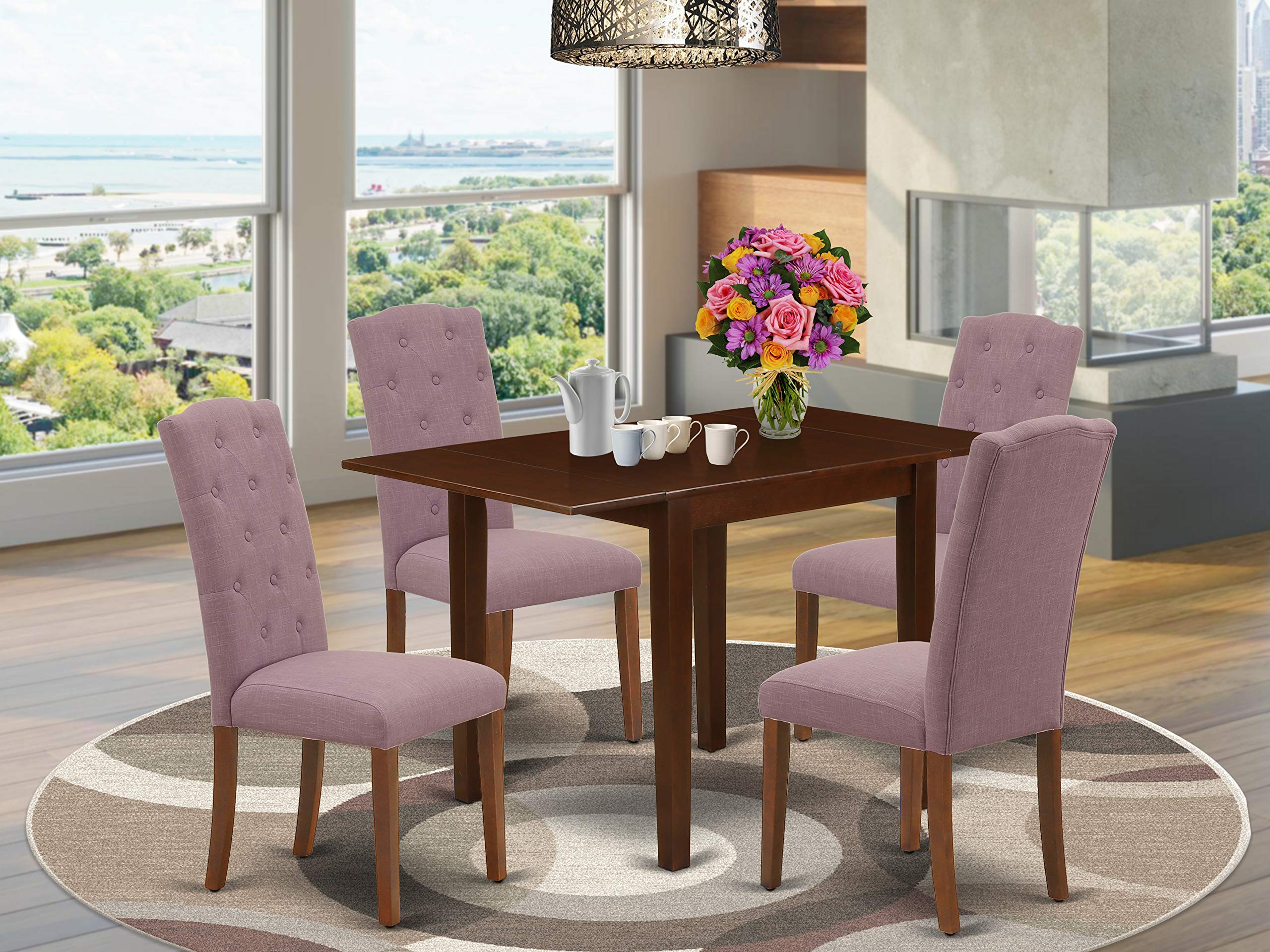 East West Furniture 1NDCE5-MAH-10 5 Piece Room Set Includes a Rectangle Kitchen Table with Dropleaf and 4 Dahlia Linen Fabric Parsons Dining Chairs, 30x48 Inch