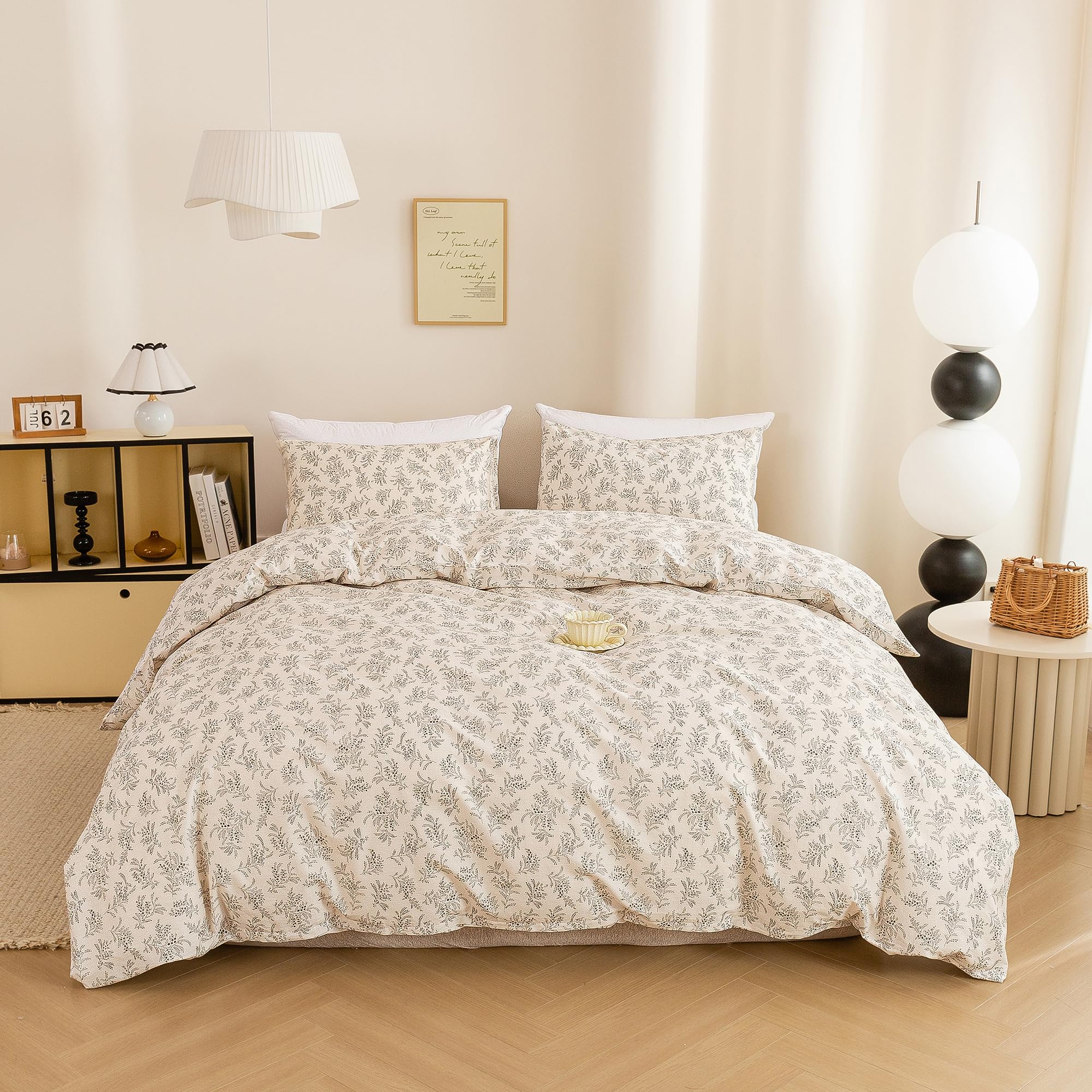 ECOCOTT Floral Botanical Duvet Cover King Size, Soft Breathable Bedding Set with 2 Pillowcases, Farmhouse Vintage Flower Print C