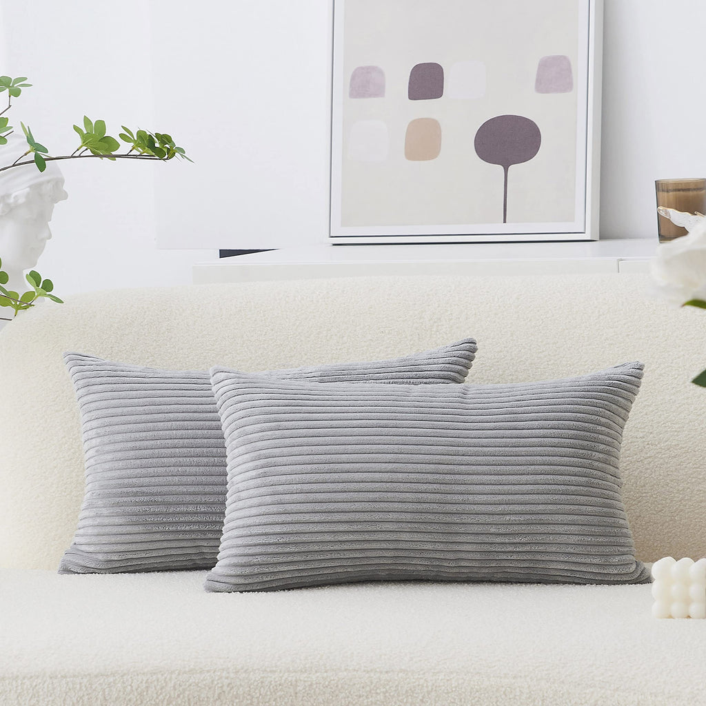 Home Brilliant 12X20 Lumbar Pillow Covers Set Of 2 Plush Velvet Corduroy Striped Rectangular Throw Pillow Cover Gray Pillow Case