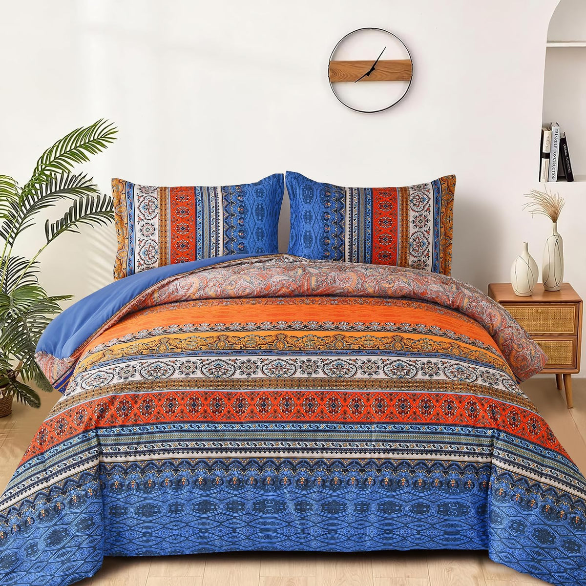 Goodidea Boho Comforter Queen Size, 3 Piece Blue Orange Bohemian Striped Western Comforter Set, Ultra Soft Lightweight Microfibe