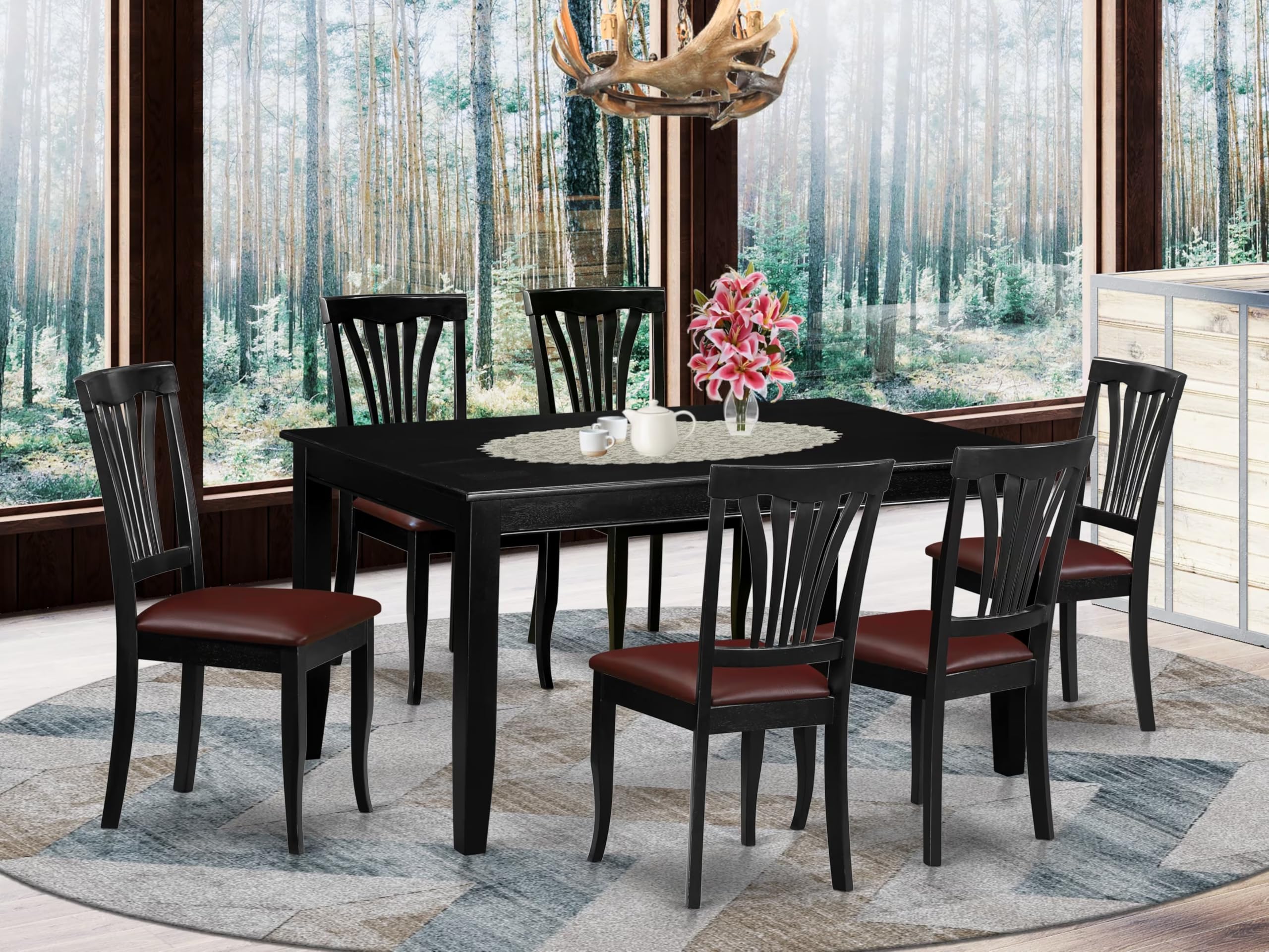 East West Furniture DUAV7-BLK-LC 7 Piece Dining Room Furniture Set Consist of a Rectangle Kitchen Table and 6 Faux Leather Upholstered Dining Chairs, 36x60 Inch, Black