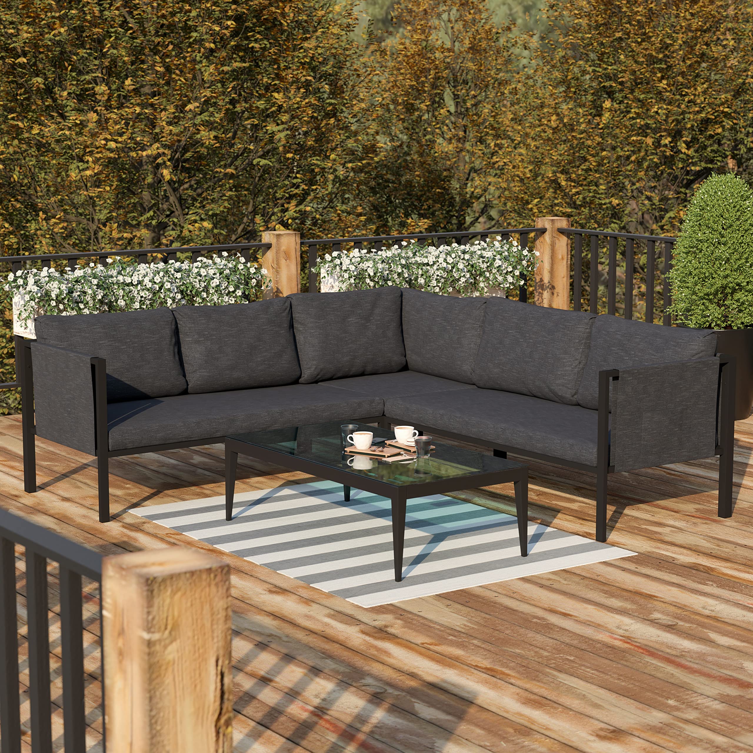 Flash Furniture Lea Indoor/Outdoor Sectional with Cushions - Modern Steel Framed Chair with Dual Storage Pockets, Black with Charcoal Cushions