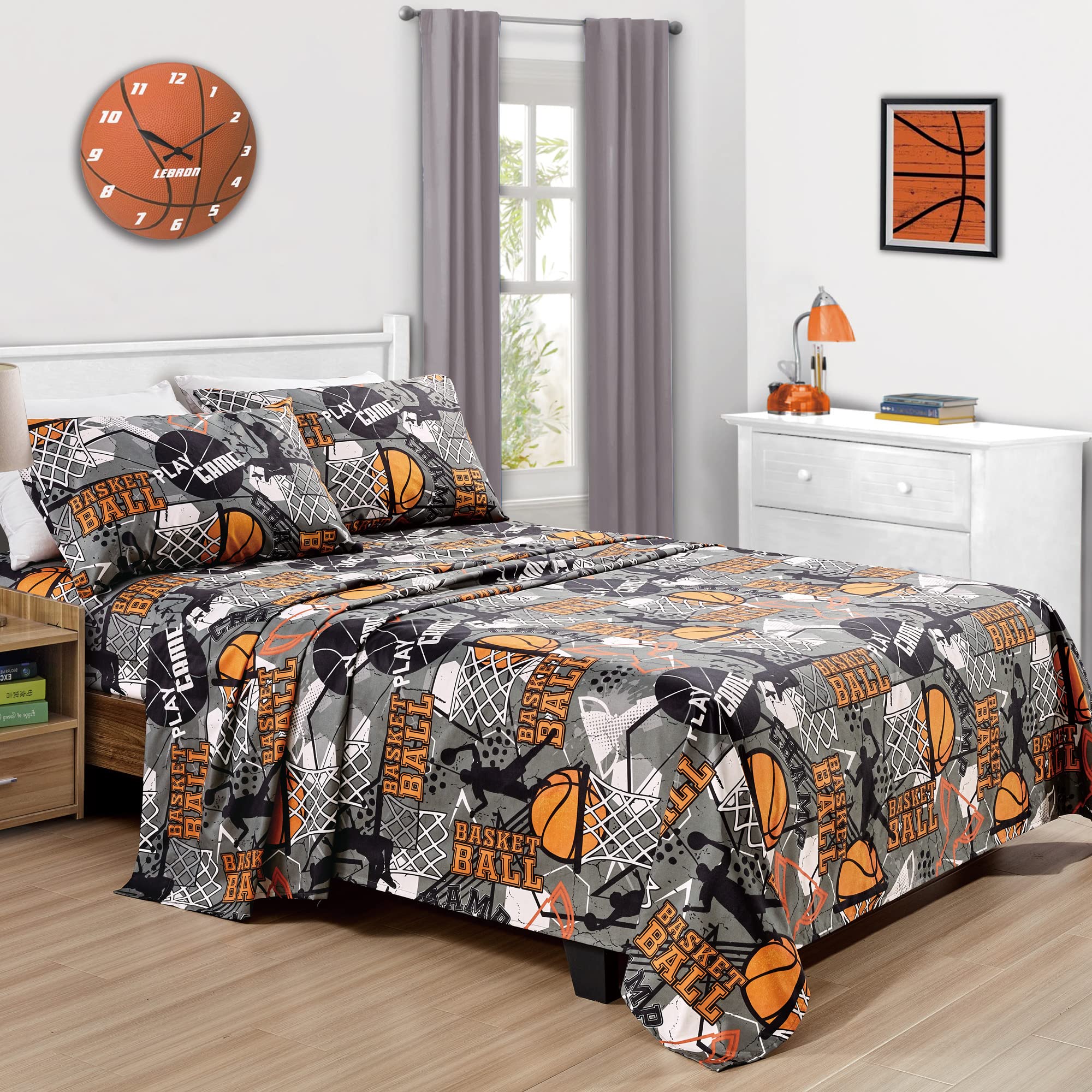Chezmoi Collection 4-Piece Kids/Teens Basketball Sheet Set - Soft Microfiber Gray Orange Black Printed Sports Basketball Slam Du