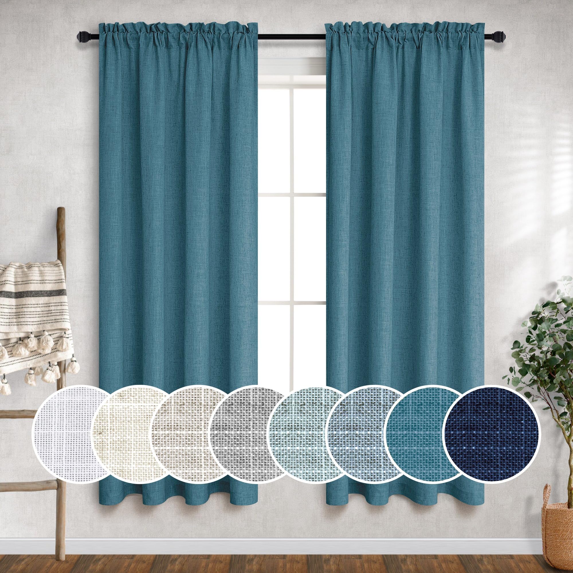 Mrs.Naturall Teal Linen Curtains For Boys Bedroom Teen Girls 63 Inche Length 2 Panel Rod Pocket Semi Sheer Sea Ocean Nautical Decor Peacock Blue Turquoise Curtain For Nursery Room Kitchen Dining 52X63