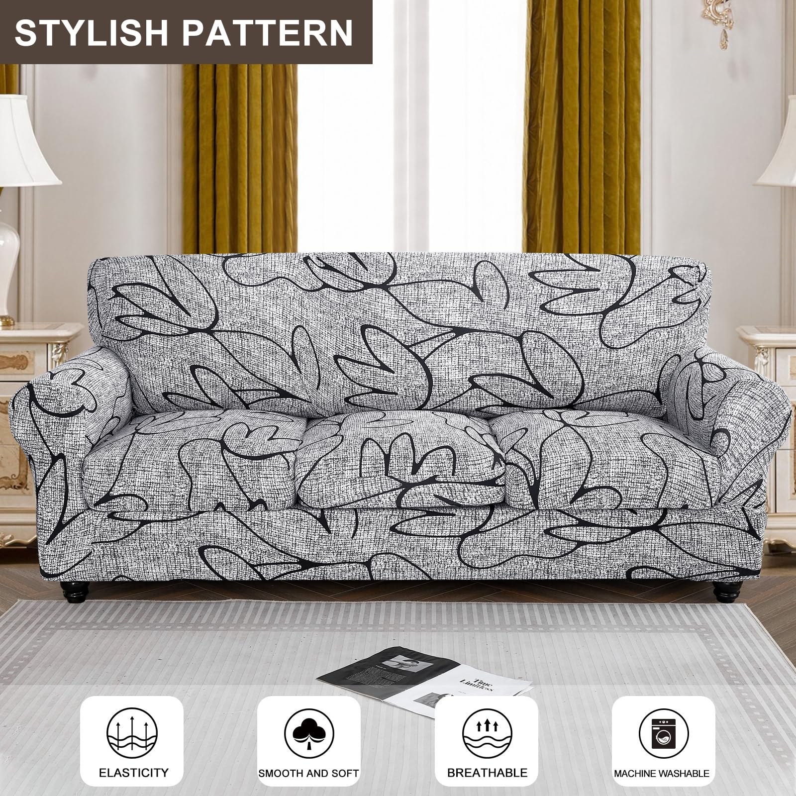 Searchi Stretch Sofa Cover Printed Couch Cover, Floral Pattern 4 Pieces Sofa Slipcover With 3 Separate Cushion Cover, Washable Furniture Protector For Living Room(Sofa, Grey Lotus+White)