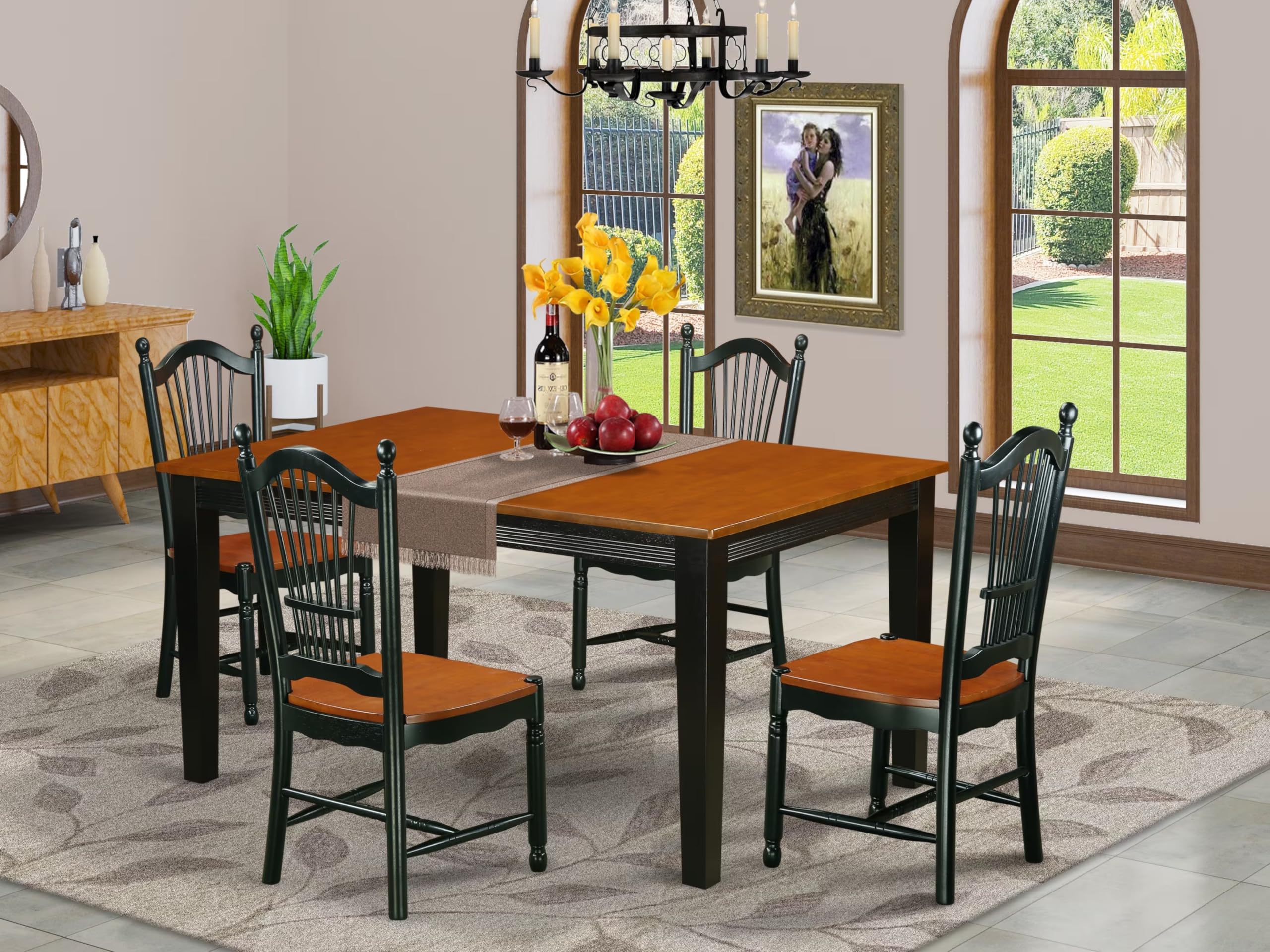 East West Furniture Qudo5-Bch-W 5 Piece Modern Dining Table Set Includes A Rectangle Wooden Table With Butterfly Leaf And 4 Dining Room Chairs, 40X78 Inch, Black & Cherry