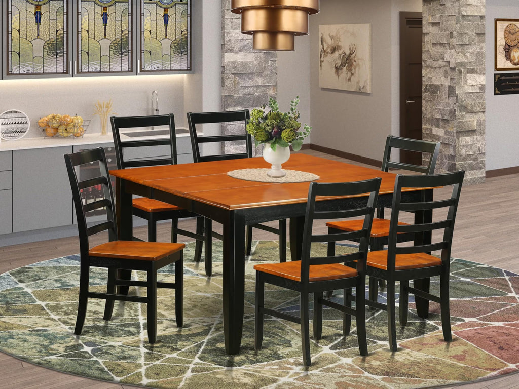 East West Furniture PARF7-BCH-W 7 Piece Kitchen Table Set Consist of a Square Dining Table with Butterfly Leaf and 6 Dining Room Chairs, 54x54 Inch, Black & Cherry
