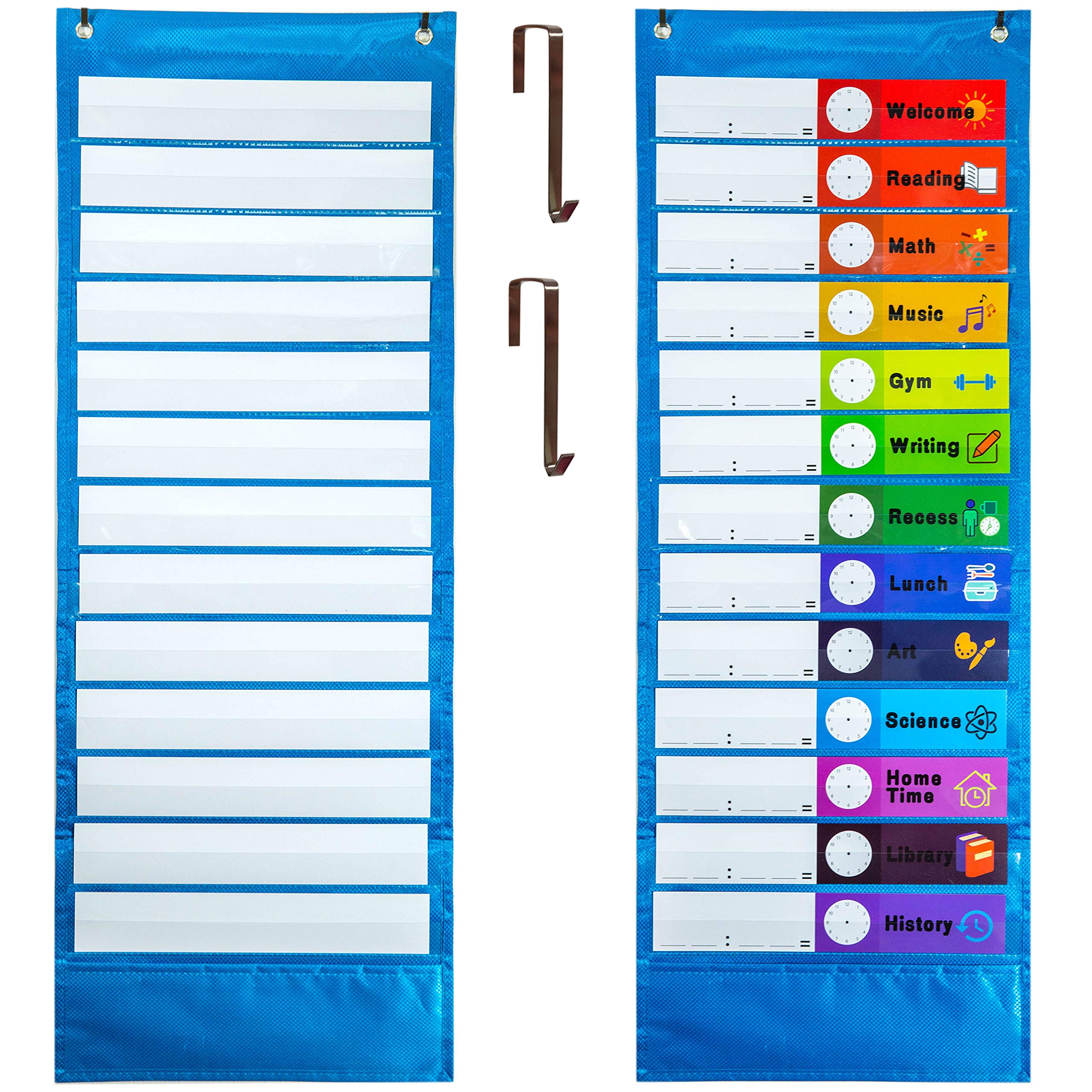 Youngever Classroom Pocket Chart,13+1 Pocket, Daily Schedule Pocket Chart, 26 Double-Sided Reusable Dry-Eraser Cards (13 Color+1