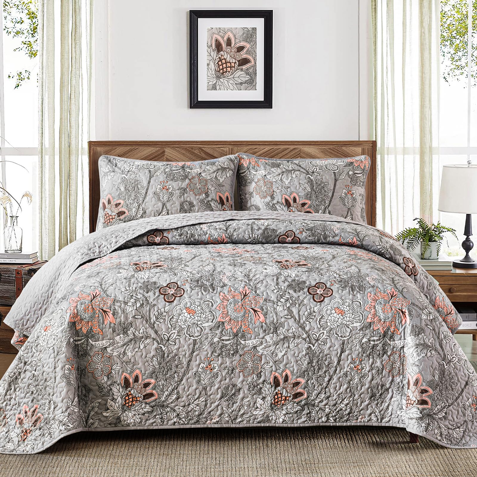 Wongs Bedding Floral Quilt Set Queen Size, Grey Botanical Queen Bedspread Bedding Sets Soft Lightweight Microfiber Flower Gray C
