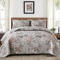 Wongs Bedding Floral Quilt Set King Size, Grey Botanical King Bedspread Bedding Sets Soft Lightweight Microfiber Flower Gray Cov