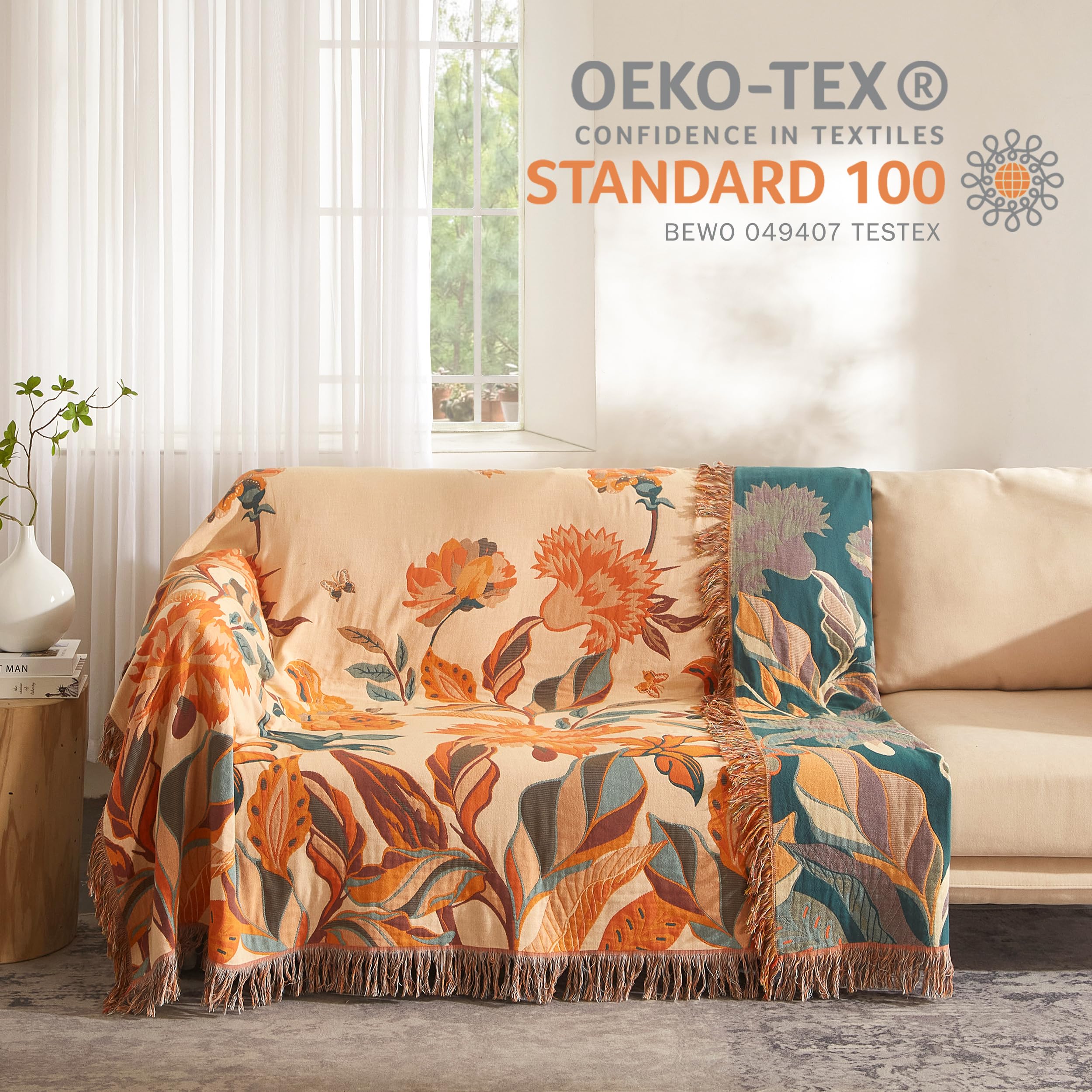 Boho Throw Blanket For Bed 90   X98   , 100% Cotton Woven Blanket For Couch Sofa, Ultra Soft 4-Layer Muslin Quilt With Floral Pr