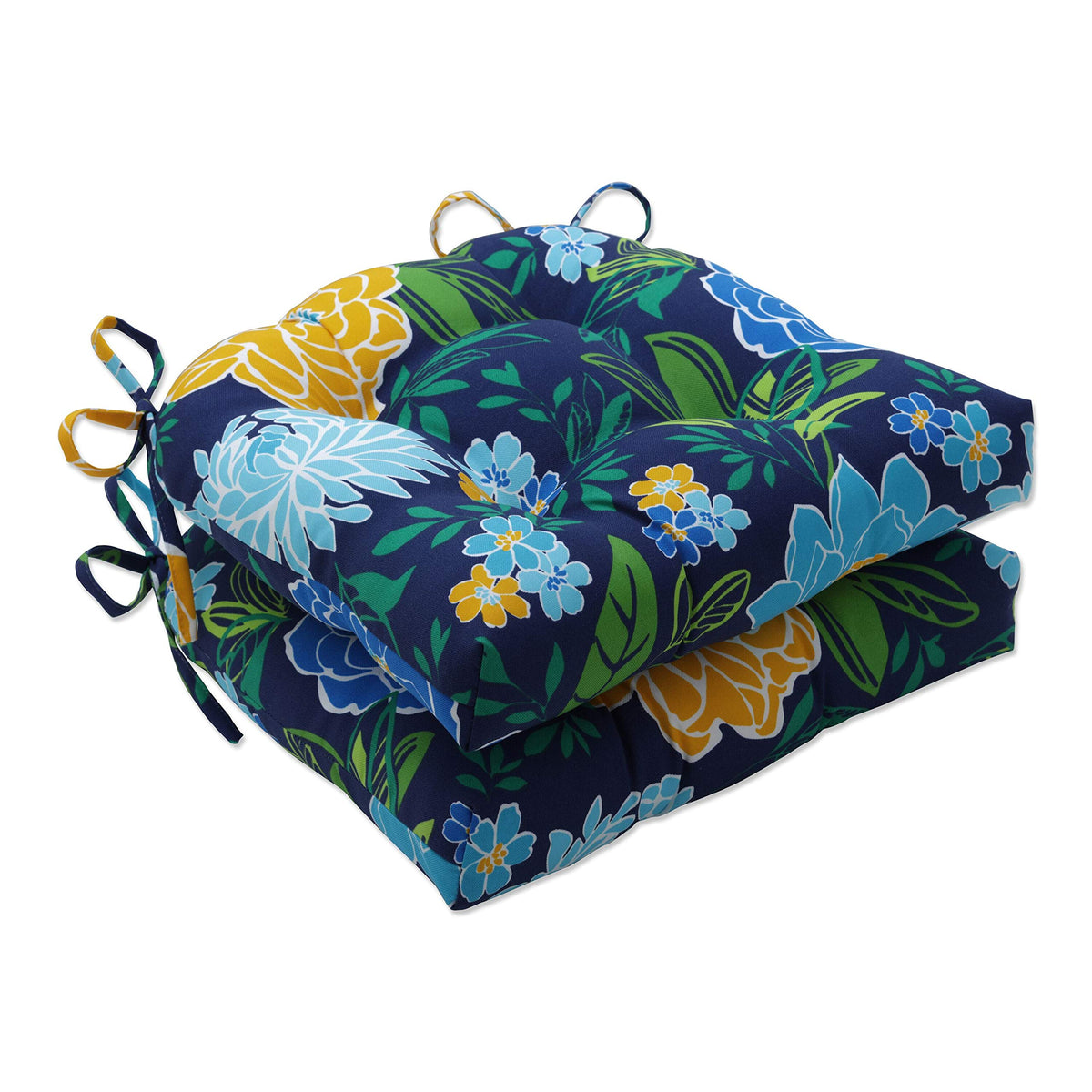 Pillow Perfect Floral Indoor/Outdoor Chairpad With Ties, Reversible, Tufted, Weather, And Fade Resistant, 15.5' X 16', Blue/Ye
