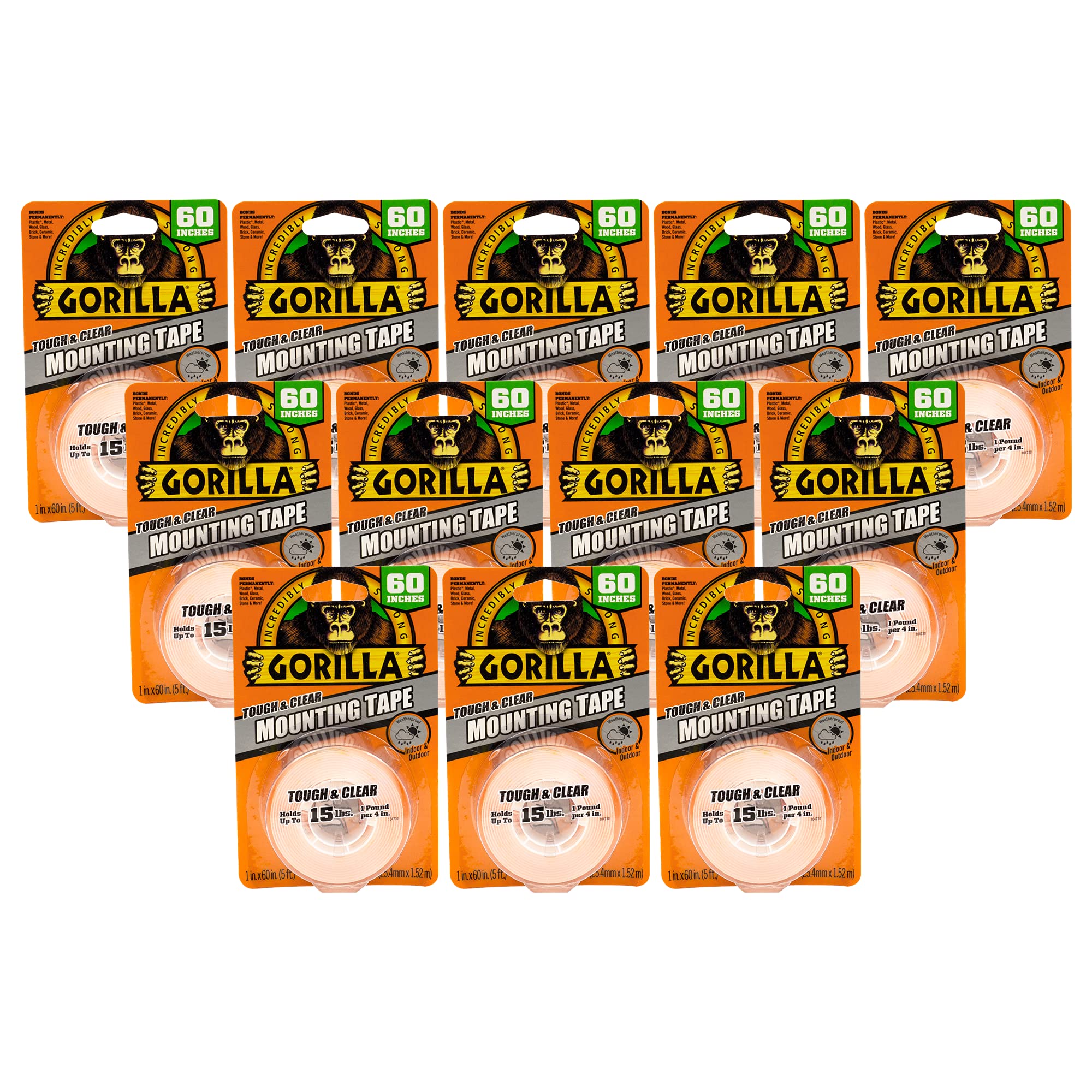 Gorilla Tough & Clear, Double Sided Mounting Tape, Weatherproof, 1' X 60', Clear, (Pack Of 12)