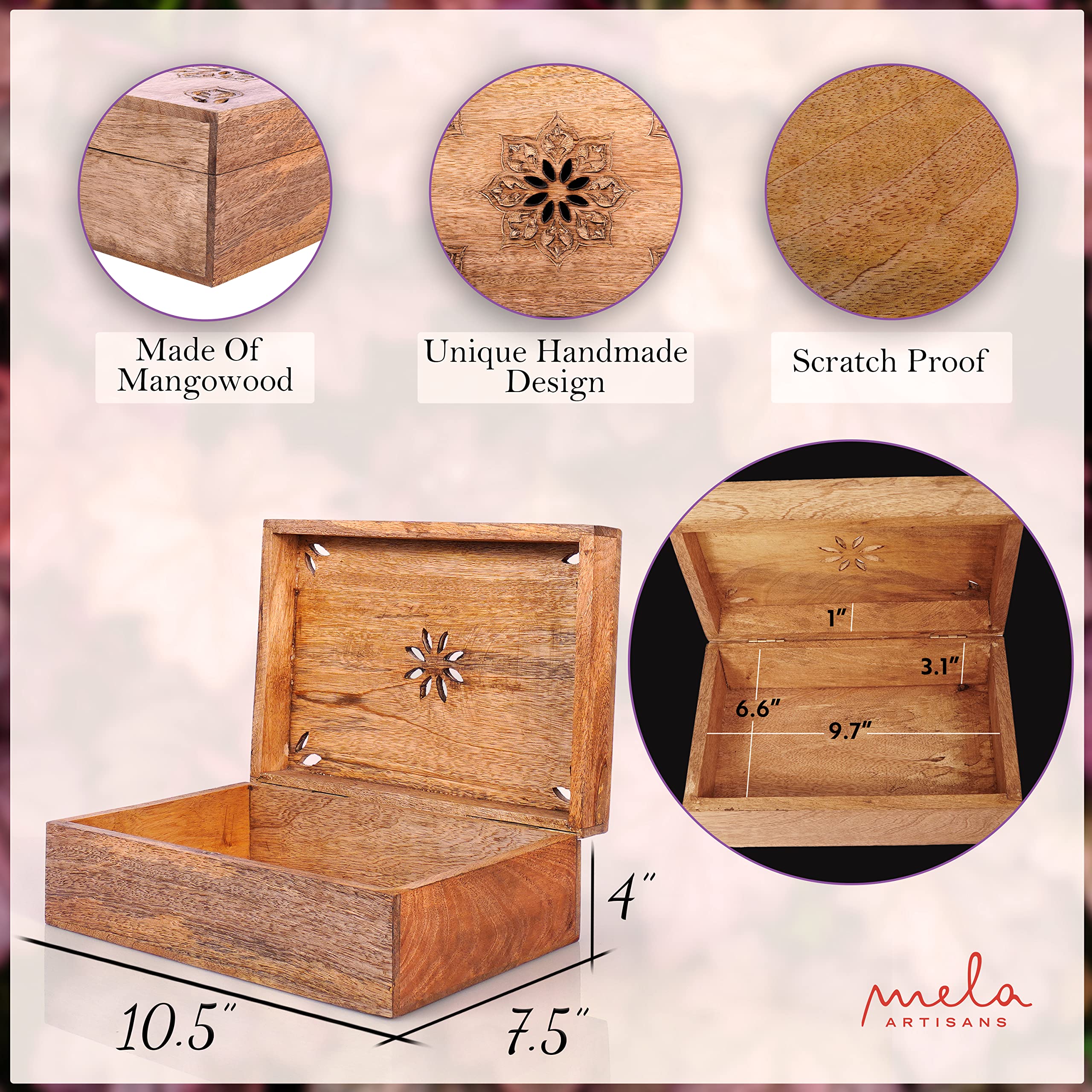Mela Artisans Decorative Storage Box With Hinged Lid - Light Burnt, Xl | 10.5    X 7.5    X 4    | Rustic Serena Style | Crafted