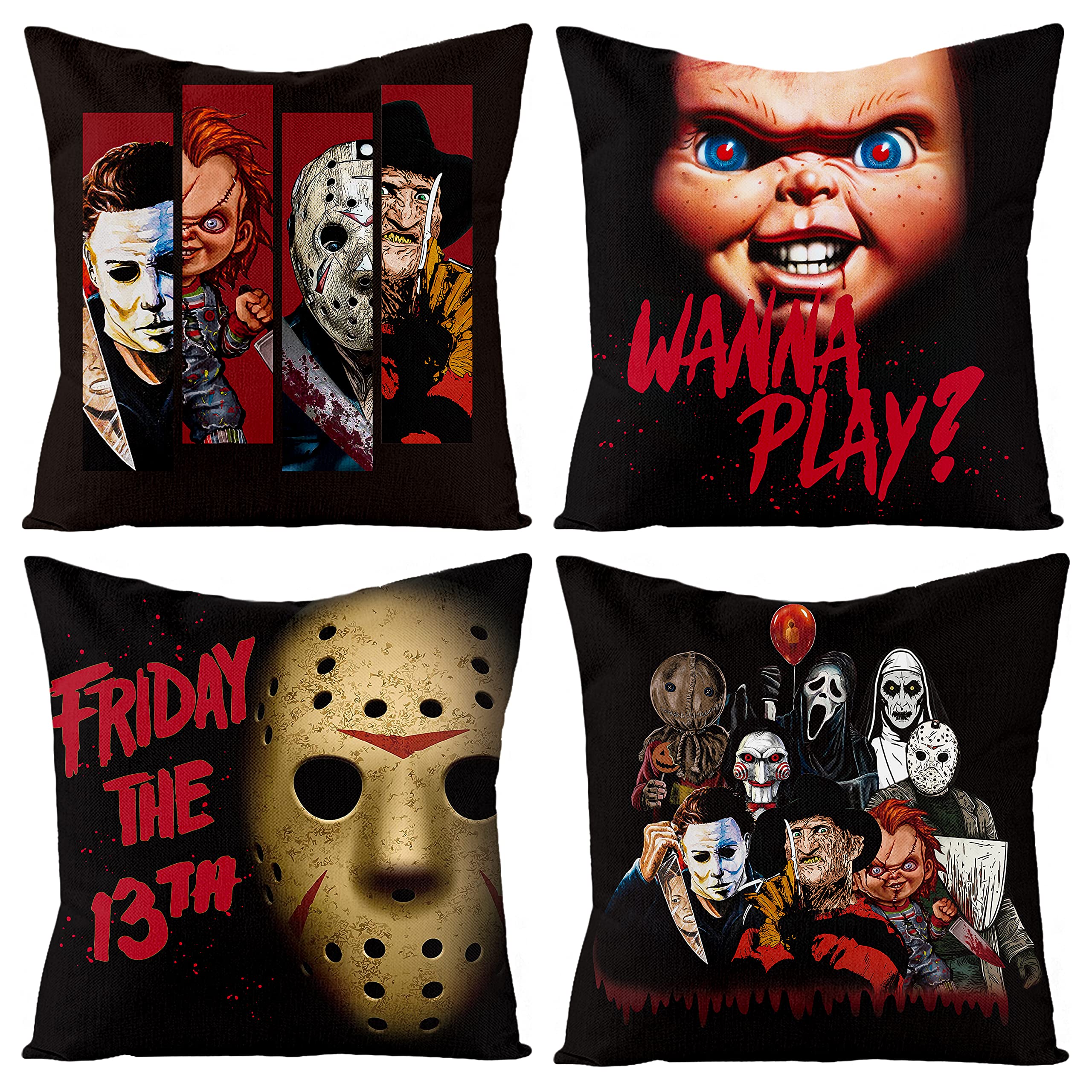 4Pcs Horror Classic Movie Characters Pillow Covers, 18 X 18 Inch Halloween Friday The 13Th Throw Pillow Case Linen Decorative Sq
