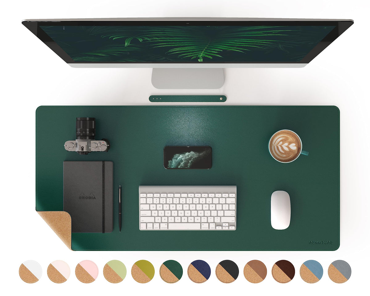 Renmture Dual-Sided Mouse Pad, Natural Cork & Pu Leather Large Desk Pad For Office And Home Work, Desk Protector Non-Slip, Water