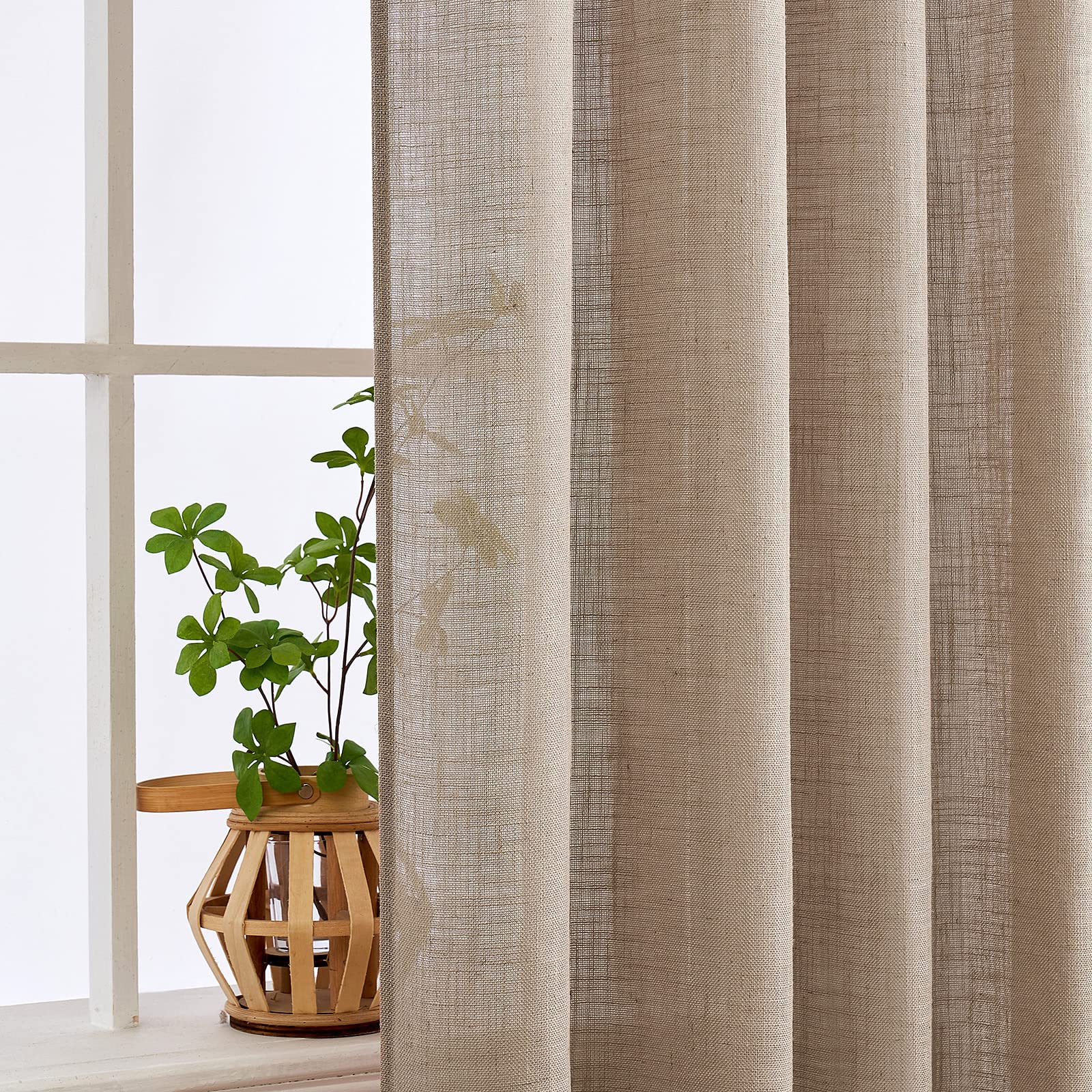MIULEE 108 Taupe Linen Curtains, Semi Sheer, 52W x 108L, Rod Pocket, Thick Textured Drapes for Bedroom & Living Room, 2 Panels