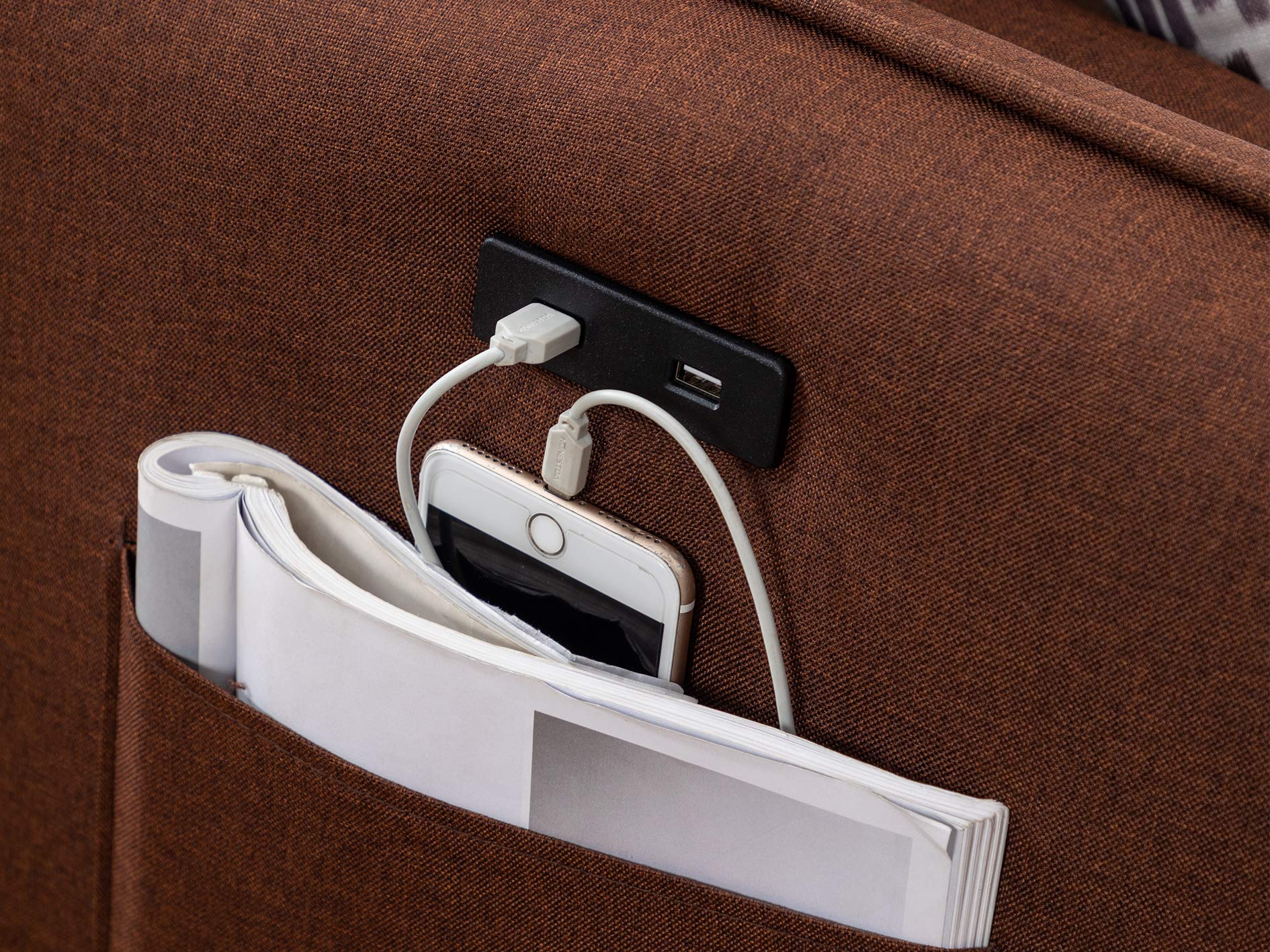 Lilola Home Mia Brown Sectional Sofa Chaise with USB Charger & Pillows