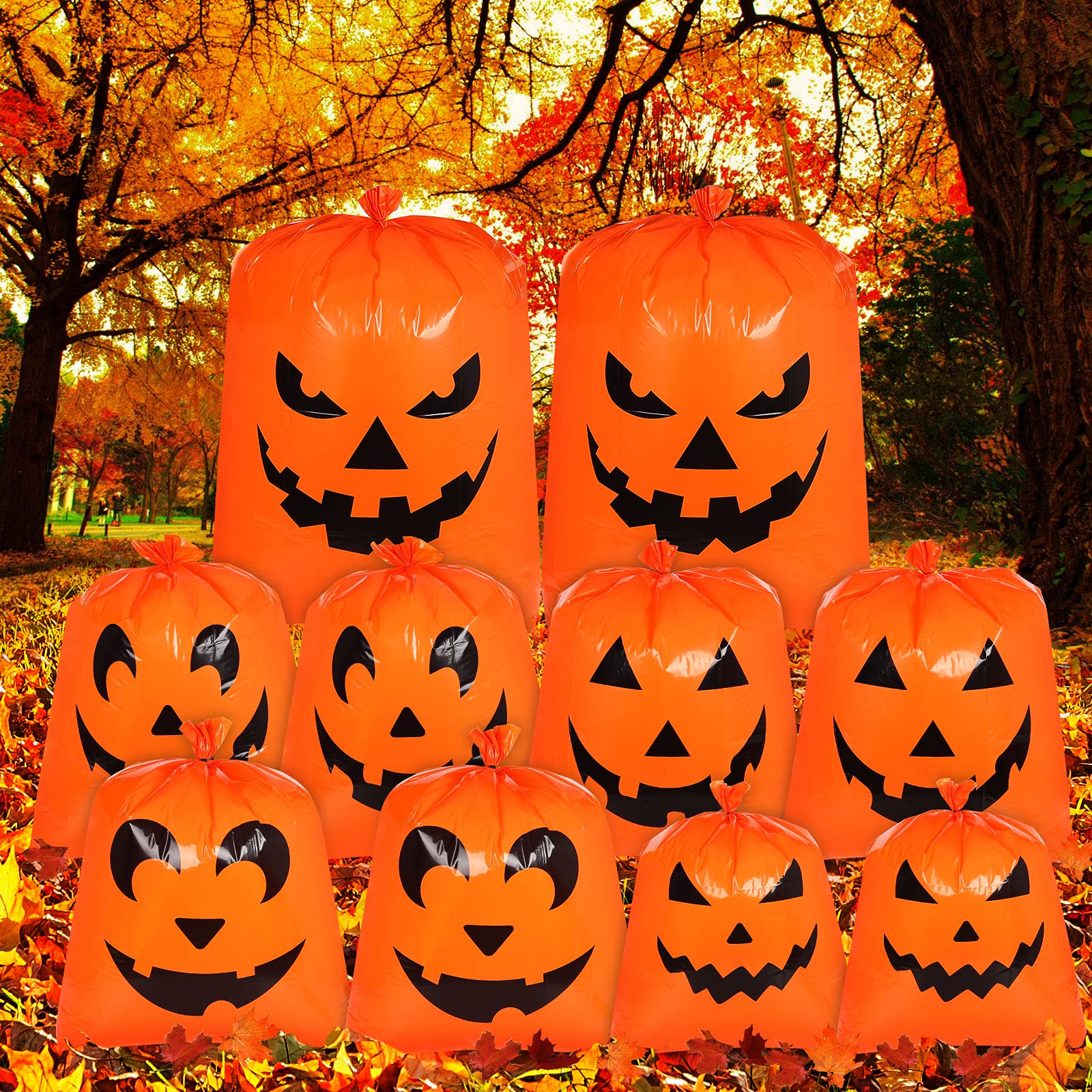 10Pcs Halloween Pumpkin Lawn Bags - Halloween Decorations Leaf Bags With 5 Designs, Halloween Party Favors Fall Halloween Trash