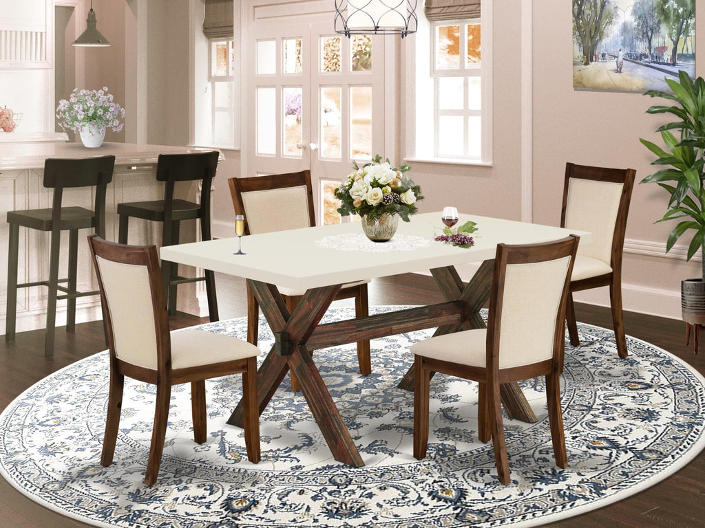 East West Furniture X726Mzn32-5 5 Piece Kitchen Table Set For 4 Includes A Rectangle Dining Room Table With X-Legs And 4 Light Beige Linen Fabric Upholstered Chairs, 36X60 Inch, Multi-Color