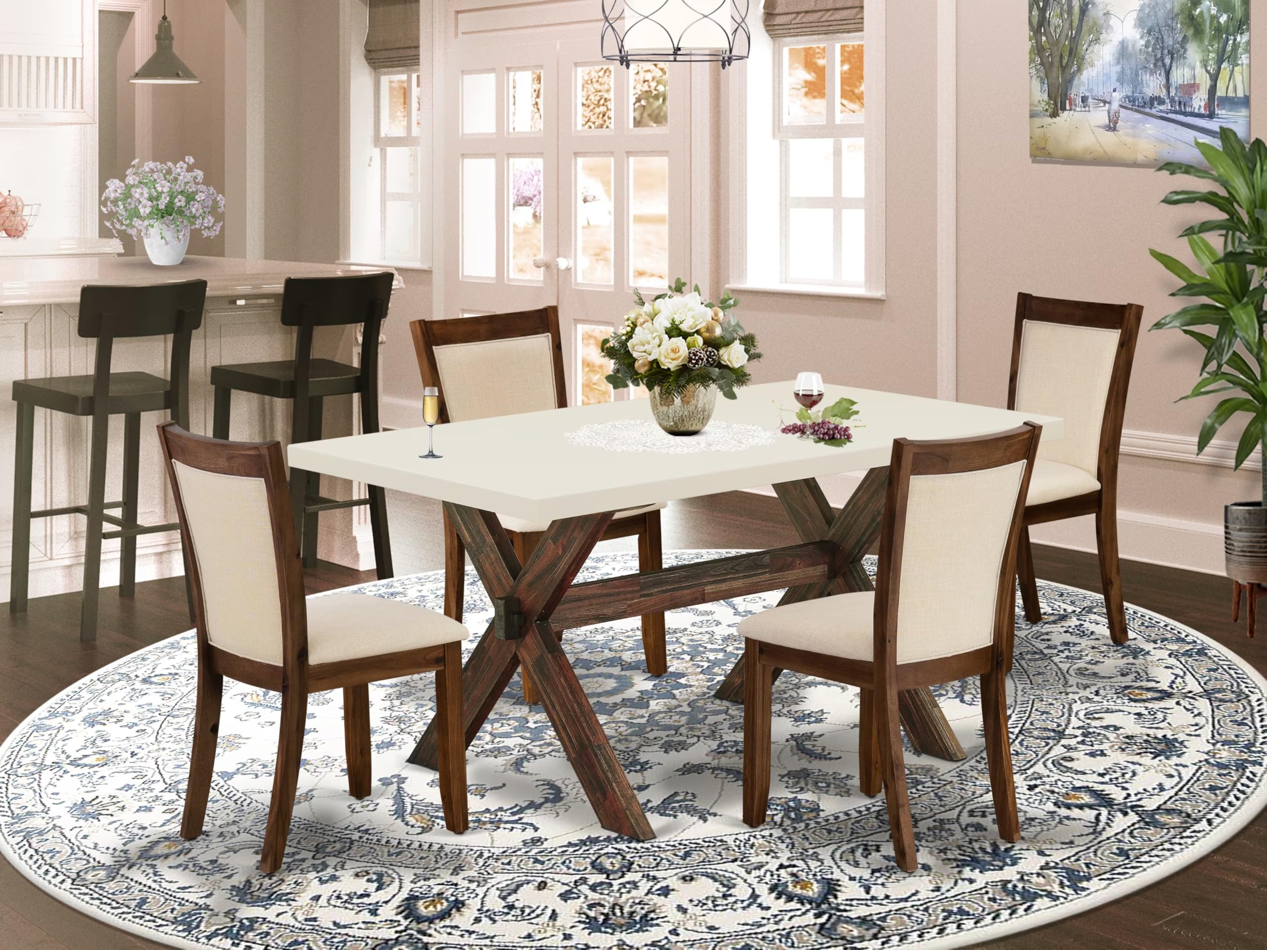 East West Furniture X726Mzn32-5 5 Piece Kitchen Table Set For 4 Includes A Rectangle Dining Room Table With X-Legs And 4 Light Beige Linen Fabric Upholstered Chairs, 36X60 Inch, Multi-Color