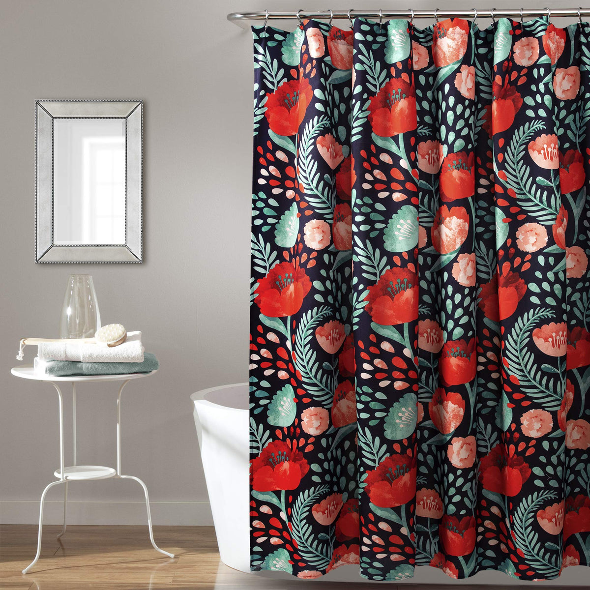 Lush Decor, Navy Poppy Garden Shower Curtain, 72' X 72', 72' X 72
