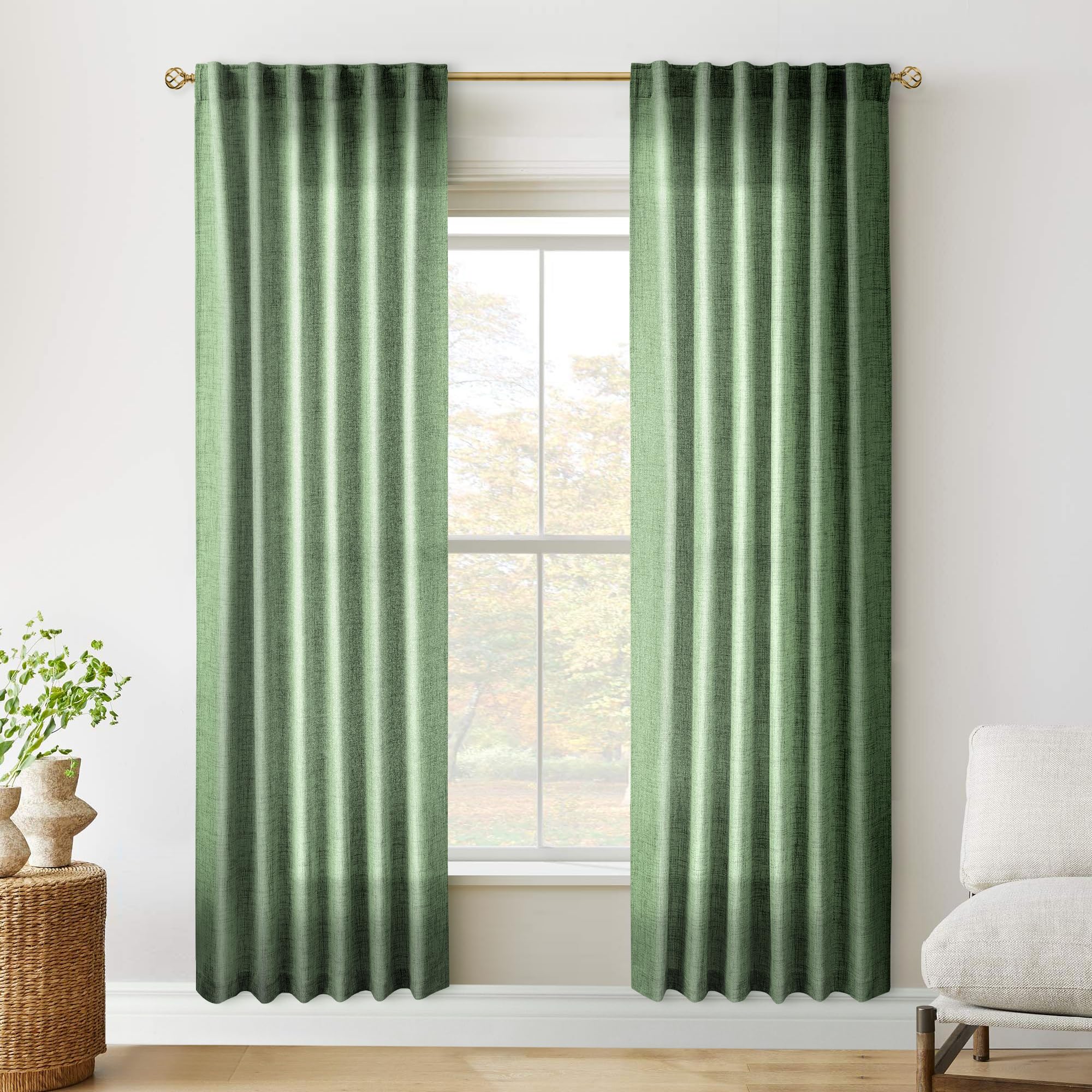 Olive Green Linen Curtains 84 Inch Length for Living Room 2 Panels Back Tab Light Filtering Boho Forest Hunter Green Semi Sheer 