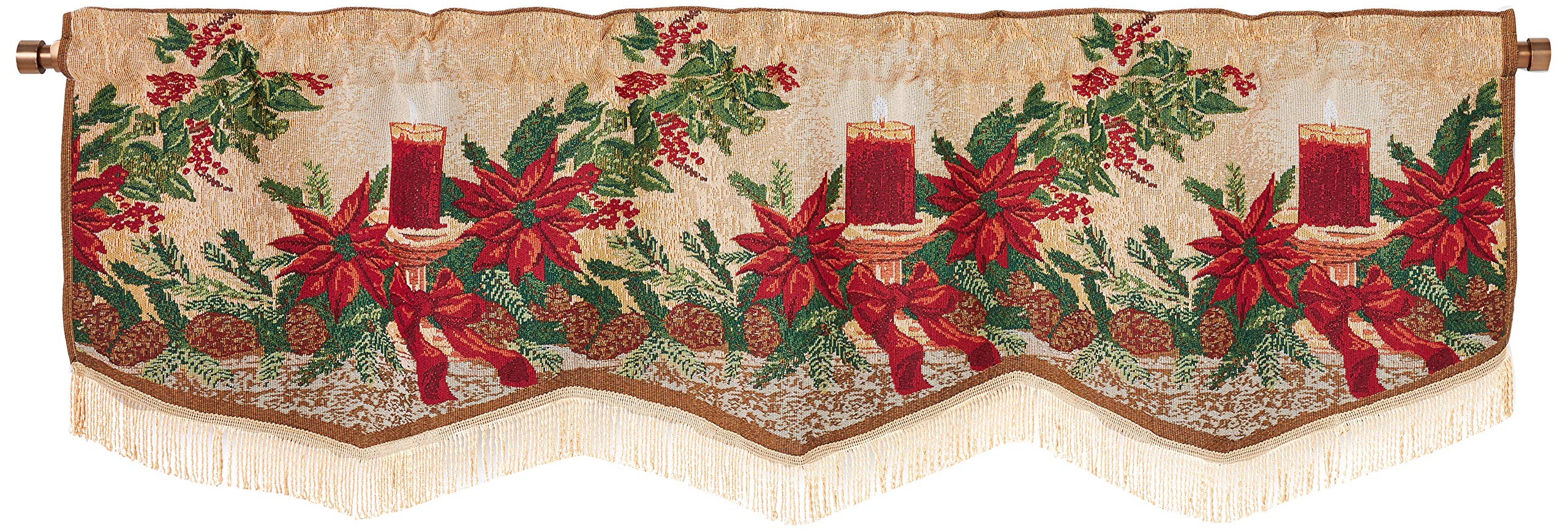 Violet Linen Holiday Seasonal Tapestry Decorative Christmas Poinsettias And Candles Design - 60' X 15' Window Valance