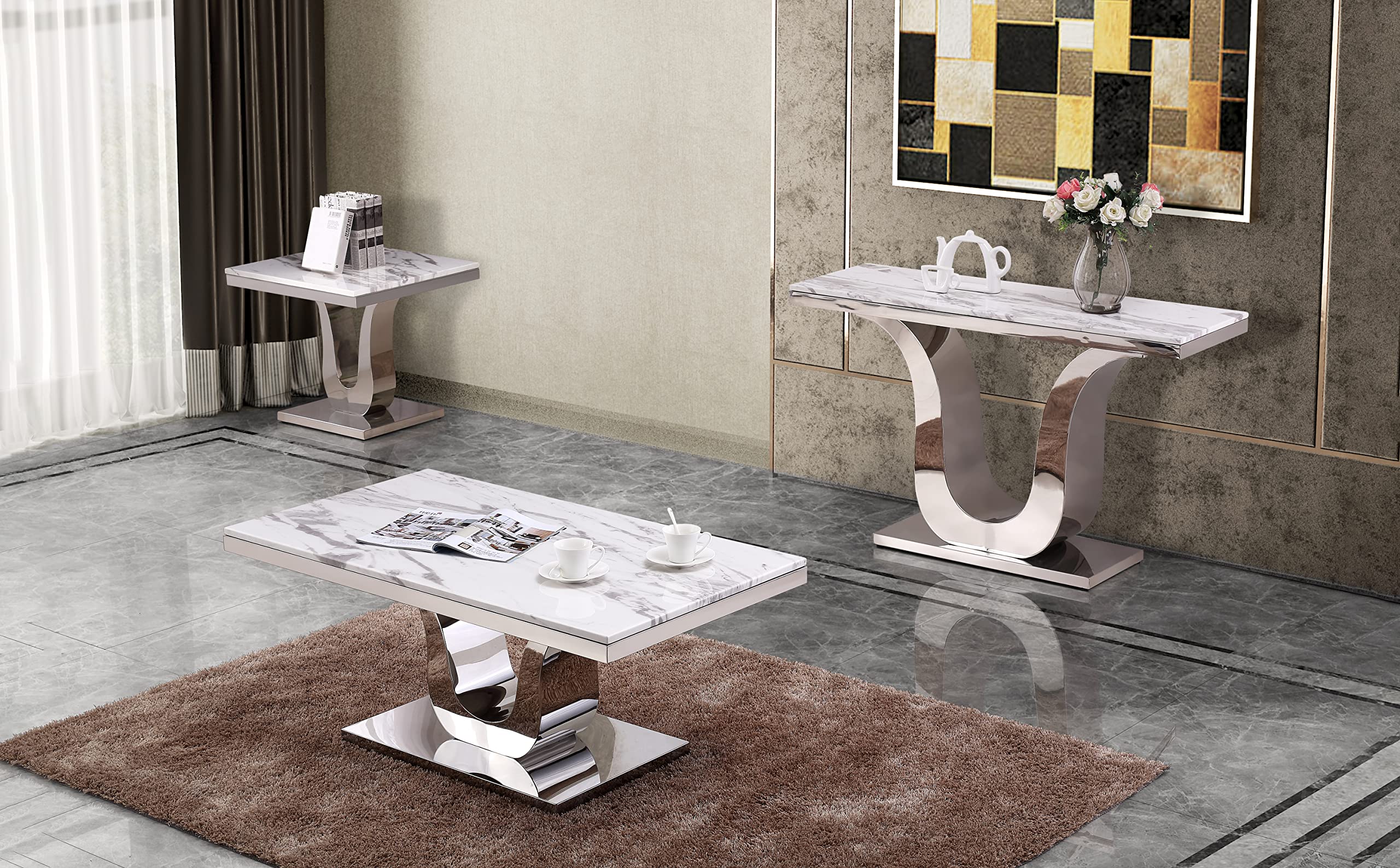 Best Quality Furniture 3Pc (Coffee, End And Console Tables) White, Silver