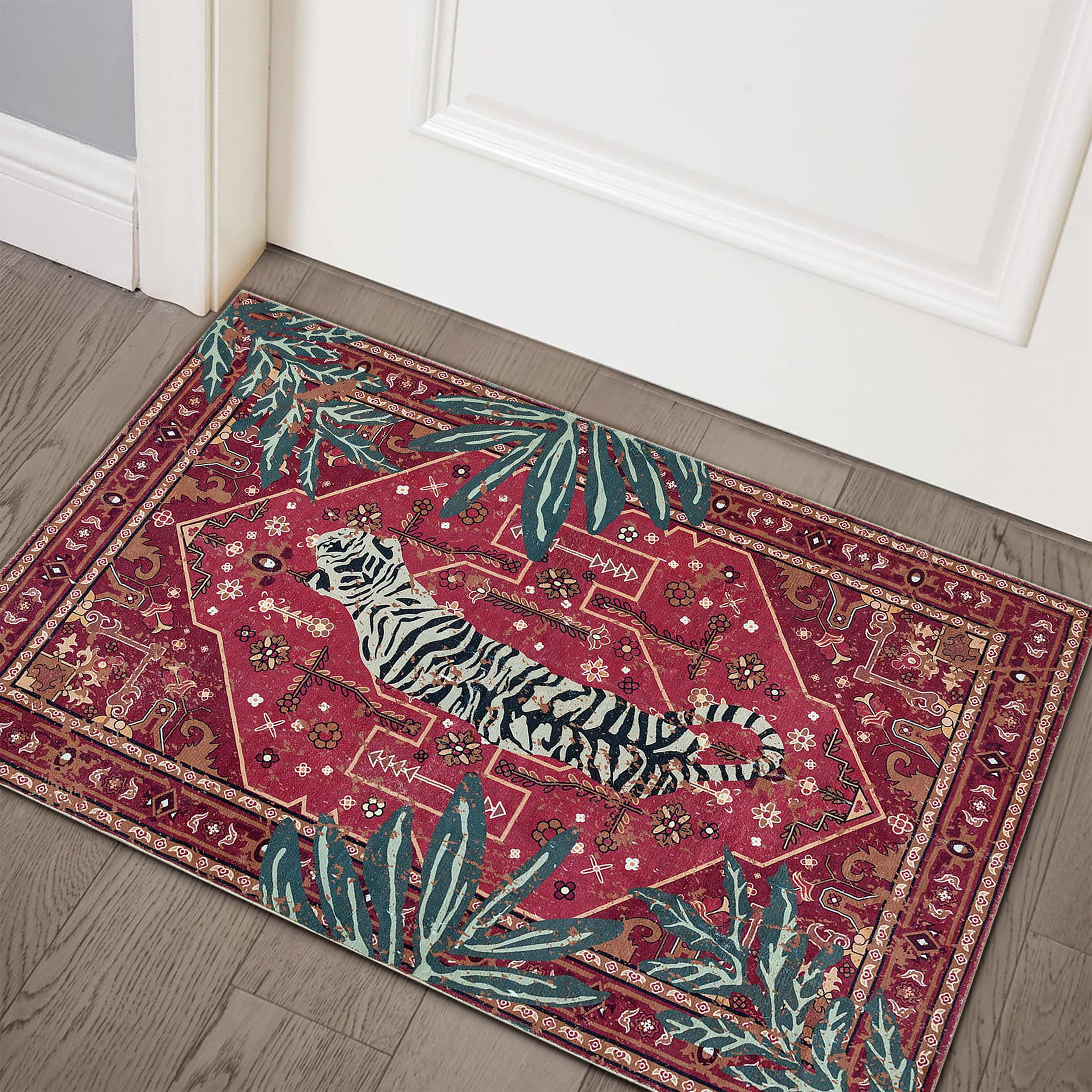 Aldopein Vintage Tribal Rugs, 2x3 Faux Wool Vintage Red Boho Throw Rugs for Bathroom Kitchen Small Indoor Entryway Rug Modern Vi