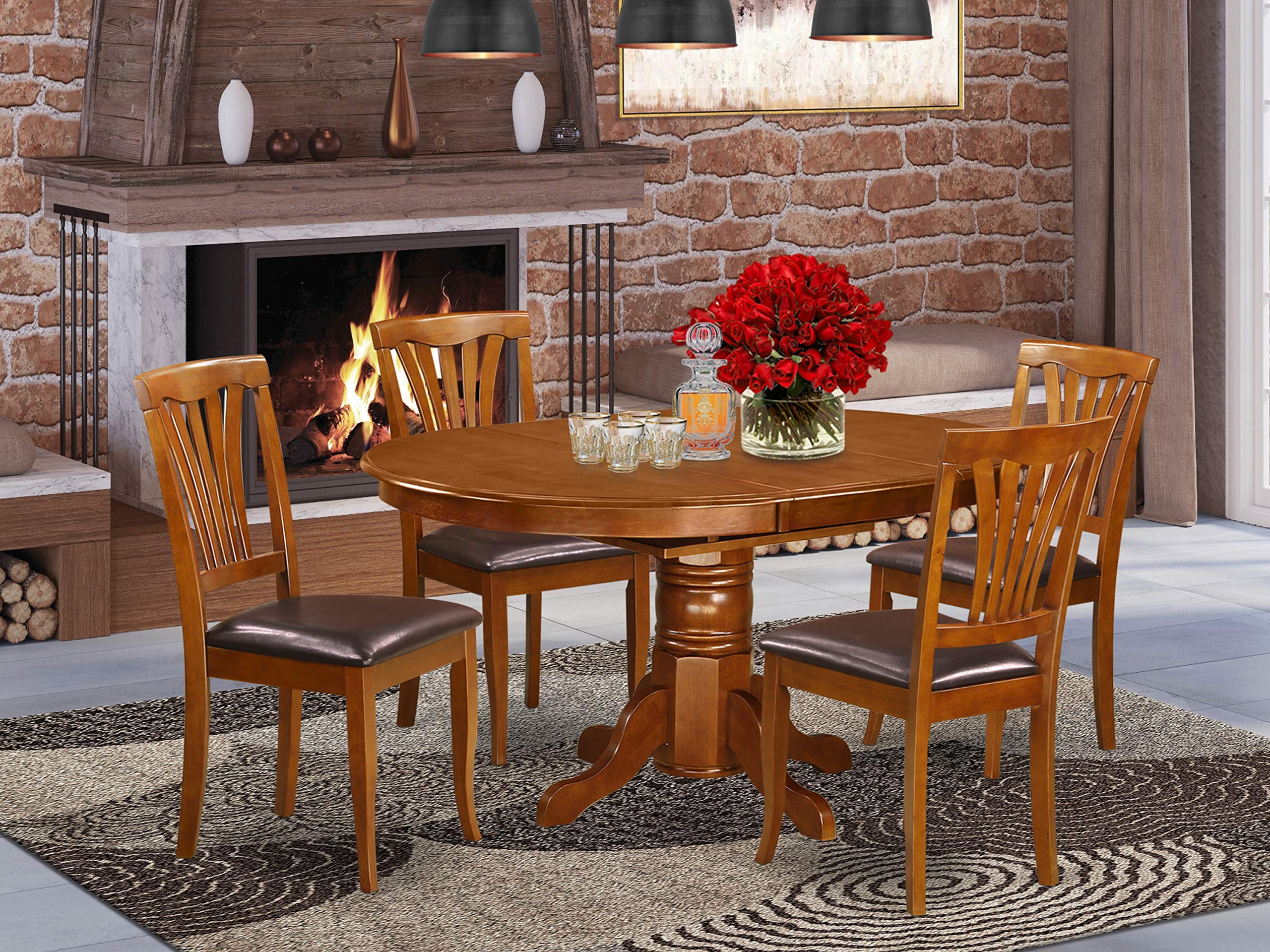 East West Furniture Avon 5 Piece Room Furniture Set Includes an Oval Kitchen Table with Butterfly Leaf and 4 Faux Leather Upholstered Dining Chairs, 42x60 Inch, Saddle Brown