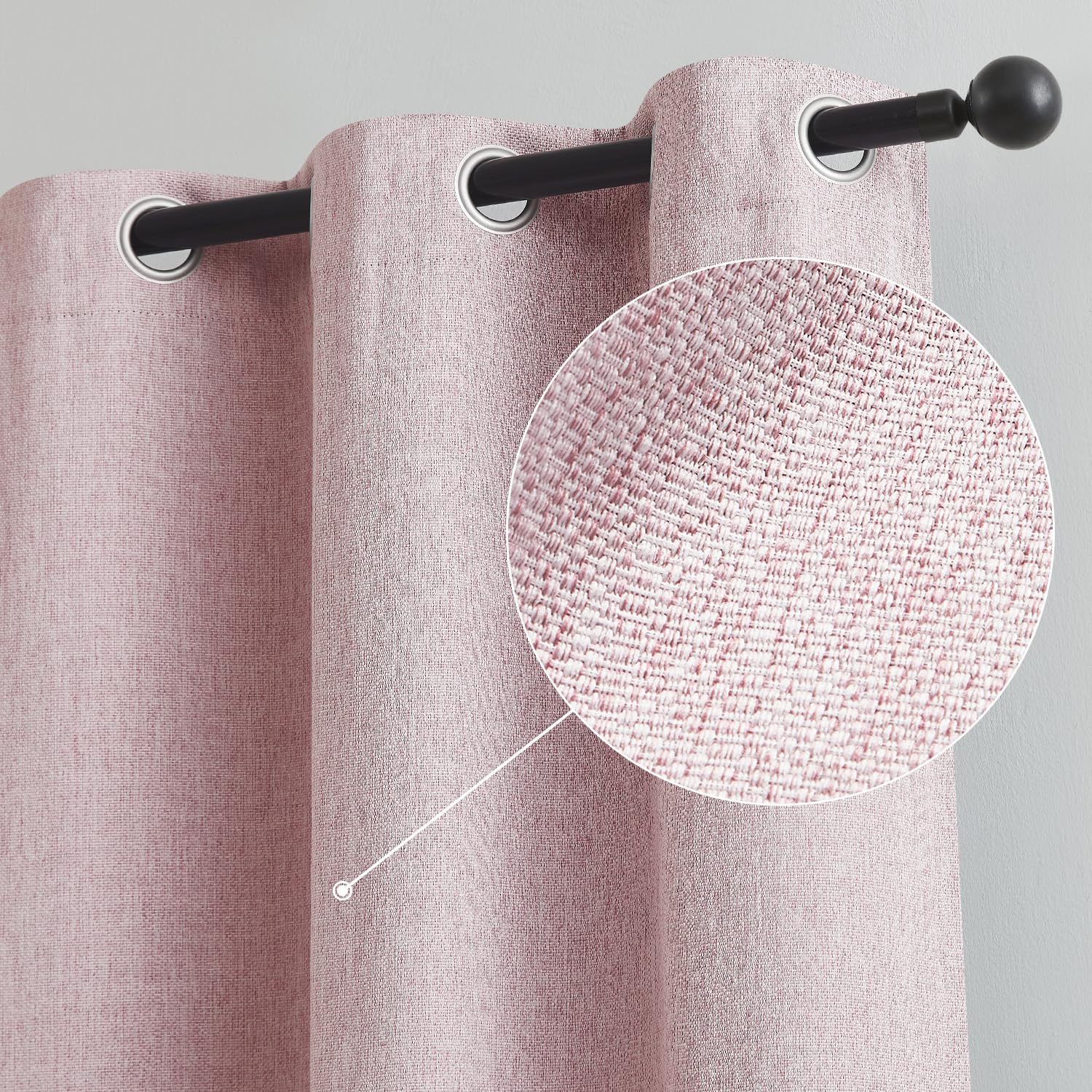 Pink Full Blackout Window Curtains Panels For Nursery Girls Bedroom, 63 Inches Long Thermal Insulated Burlap Linen Drapes Gromme
