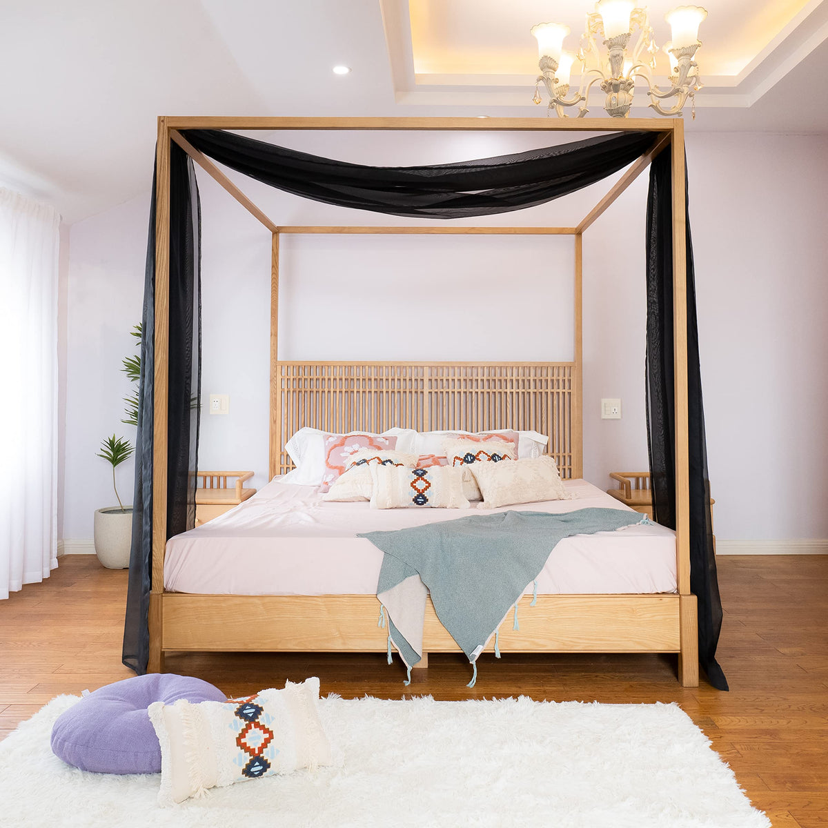 Linentalks Black Canopy Bed Curtains For King & California King Bed, Luxury Sheer Canopy Bed Scarf, Sheer Scarf Valance Canopy B