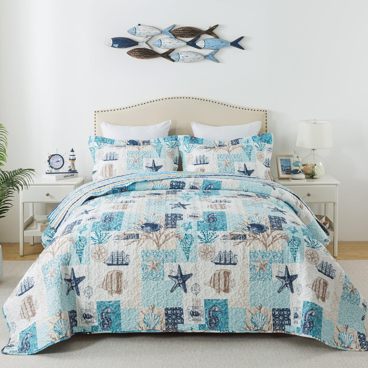 Honeilife King Size Quilt Sets - 3 Pieces Coastal Bedspreads Beach Coverlets Ocean Bed Cover King Quilt Bedding Set Summer Quilt