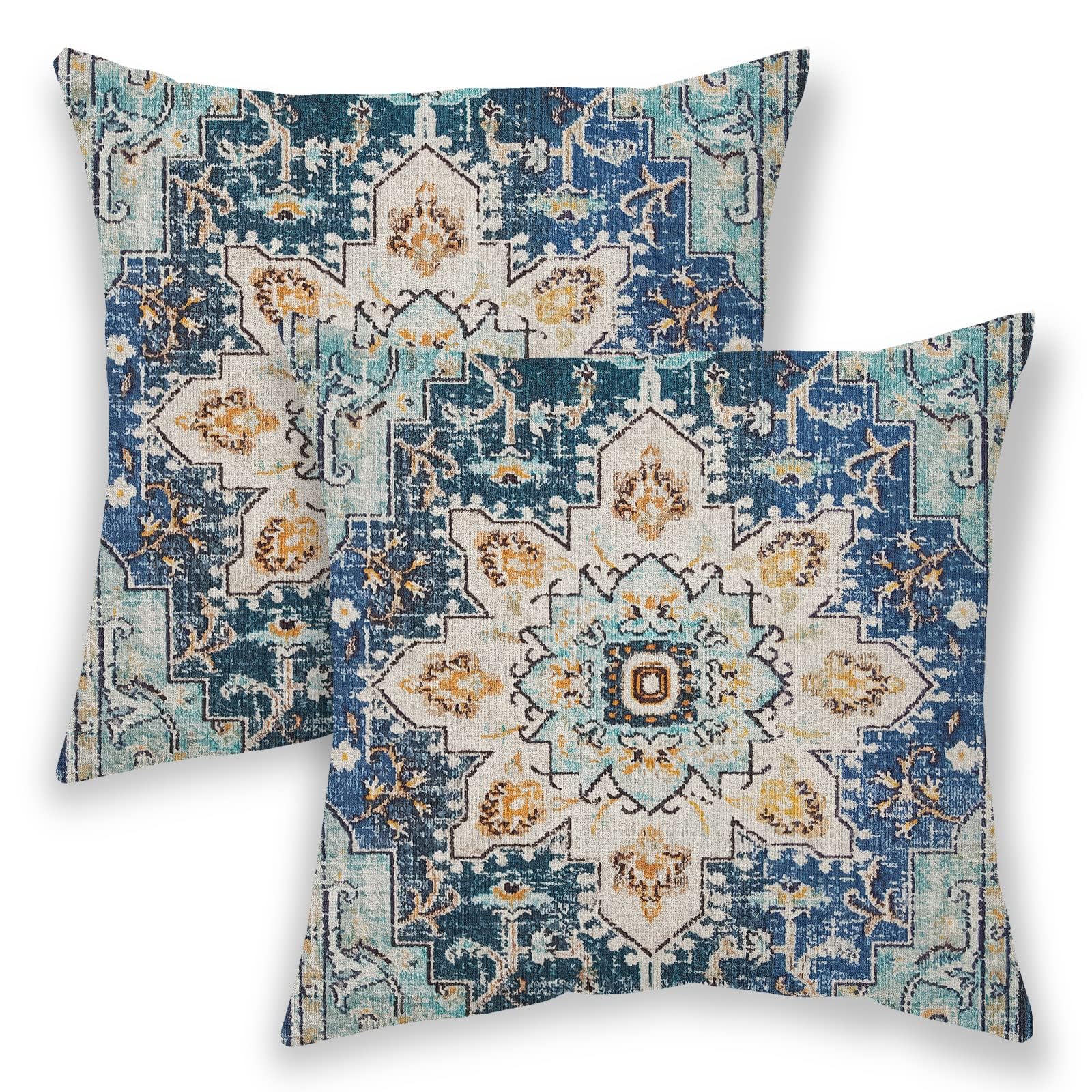 Betginy Boho Pillow Covers 24X24, Blue And Teal Ethnic Design Outdoor Decorative Throw Pillows For Couch, Carpet Pattern Decor C