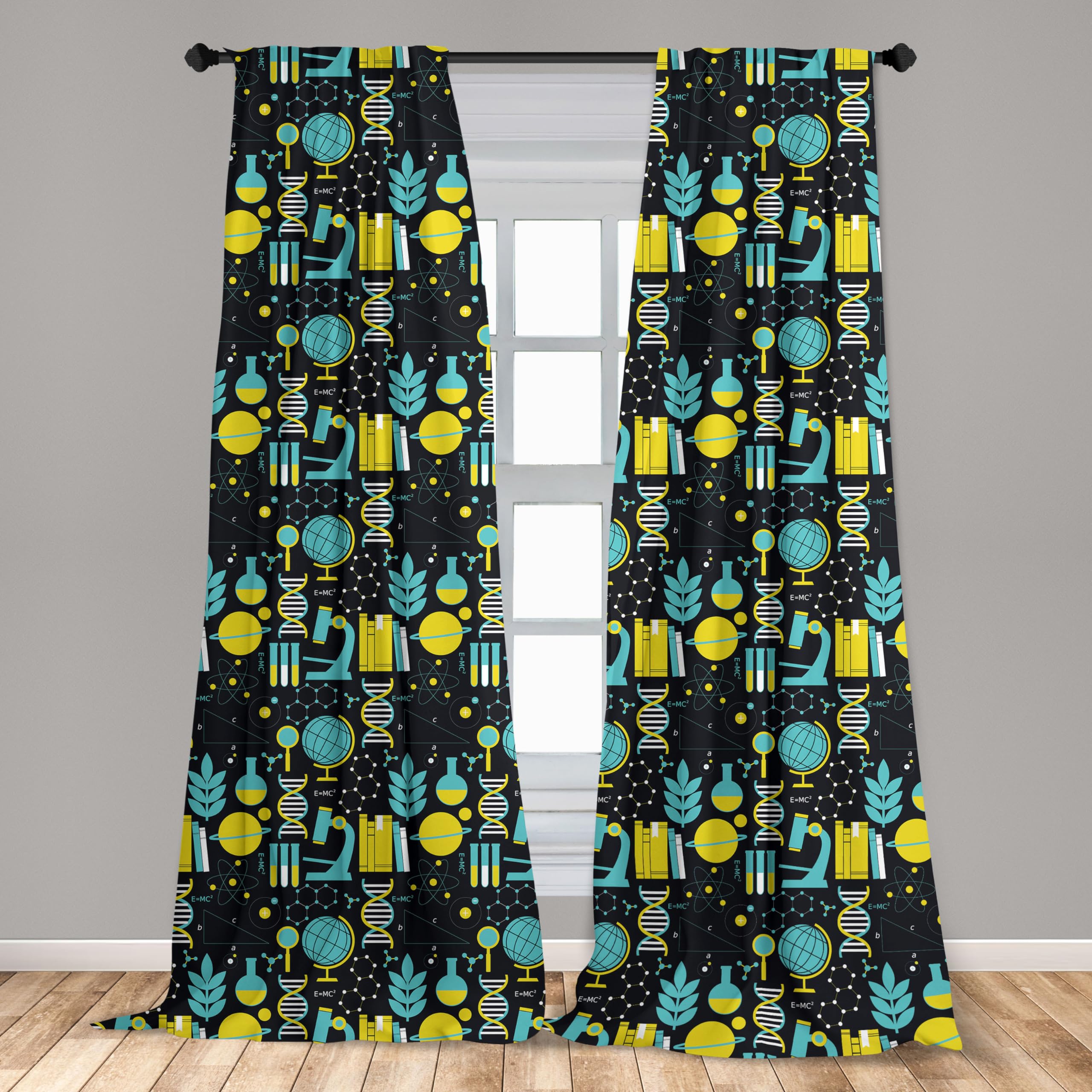 Ambesonne Window Curtains Pack Of 2, Science Themed Biology Chemistry And Physics Protons Neutrons, Lightweight Set With Rod Poc