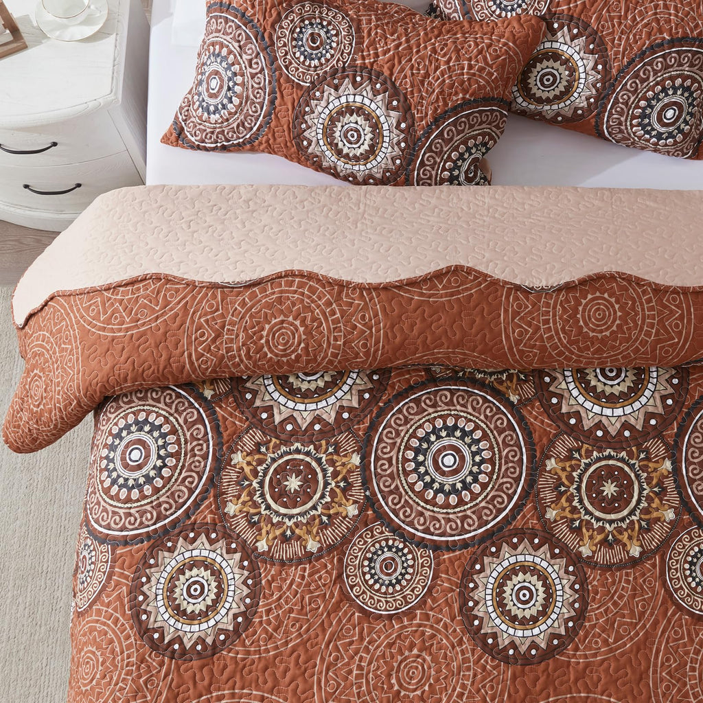Leaonme 3 Pieces King Size Burnt Orange Rust Quilt Set Lightweight Oversized Bedspread 98''X106'' Soft Microfiber Floral Coverle