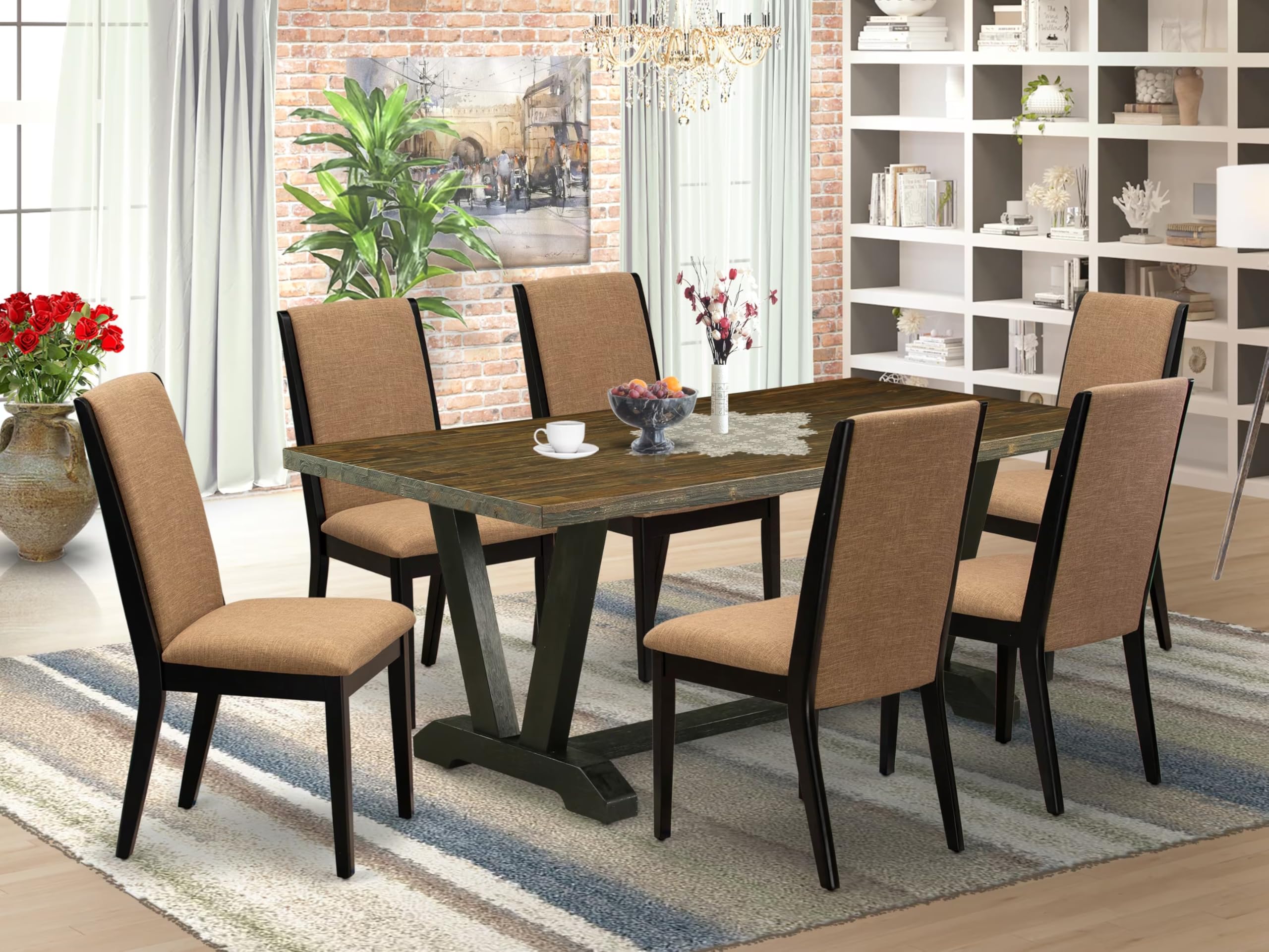 East West Furniture V677La147-7 7 Piece Dinette Set Consist Of A Rectangle Dining Room Table With V-Legs And 6 Light Sable Linen Fabric Parson Dining Chairs, 40X72 Inch, Multi-Color
