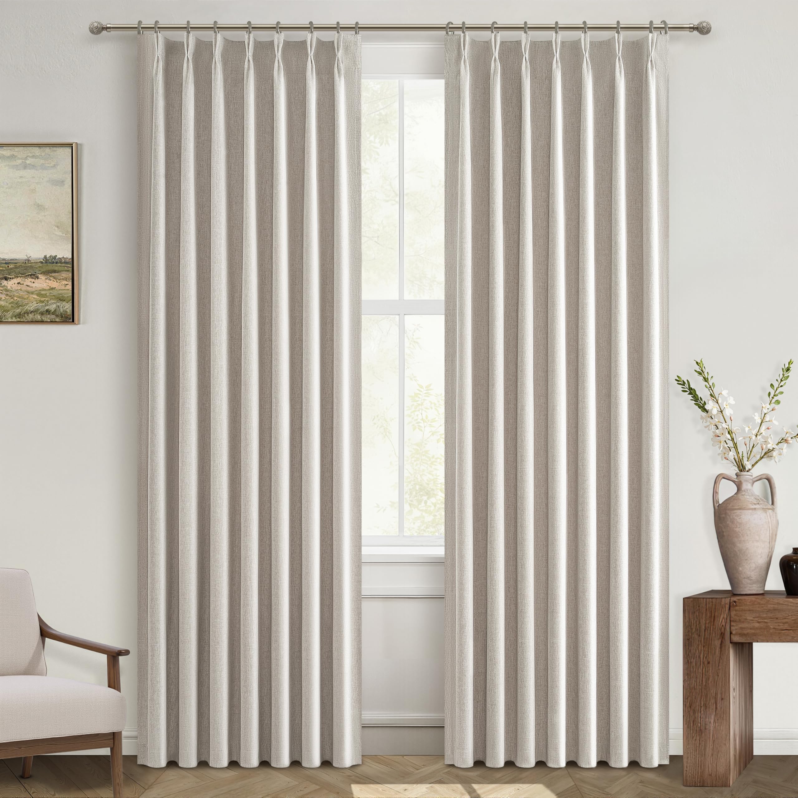 100% Blackout Thermal Curtains 80 Length 2 Panels Set for Bedroom, Linen Windows Pinch Pleated Drapes with Hooks for Track Moder