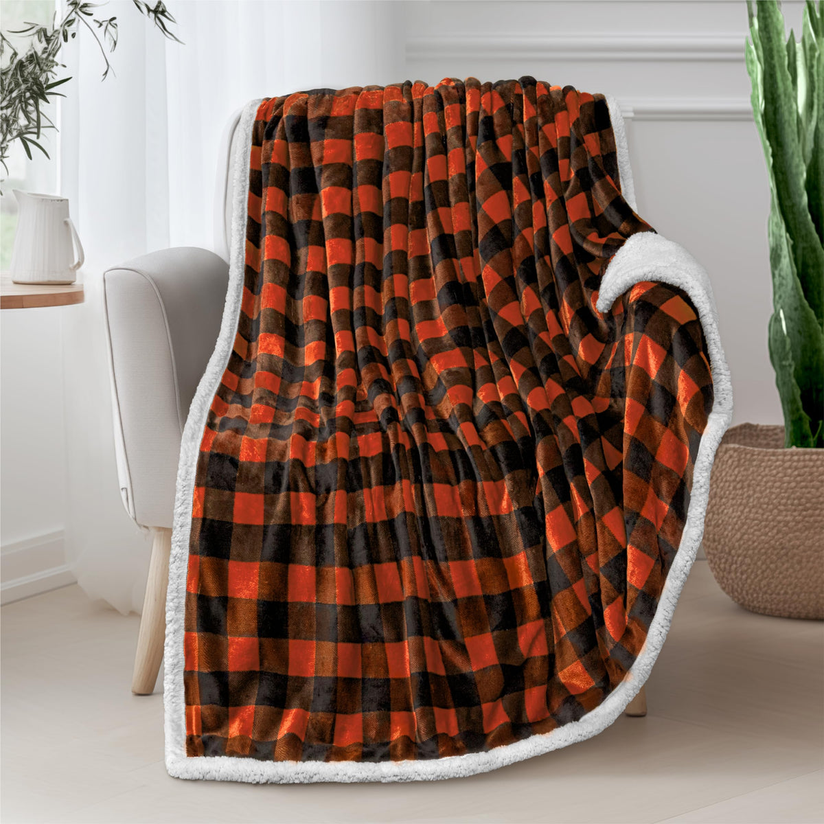 Pavilia Black Orange Buffalo Plaid Sherpa Fleece Throw Blanket For Couch, Soft Flannel Blanket For Sofa Bed, Halloween Orange Ch