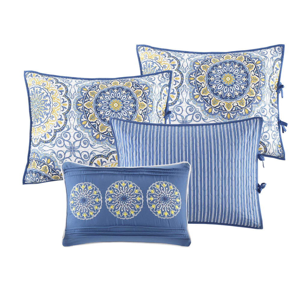 Madison Park Daybed Cover Set-Double Sided Quilting Casual Design All Season Bedding With Bedskirt, Matching Shams, Decorative Pillow, 75'X39', Medallion Blue 6 Piece