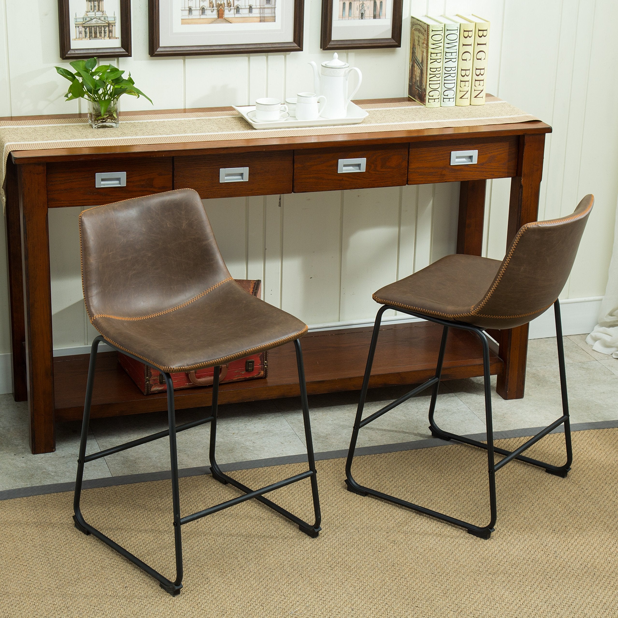 Roundhill Furniture Lotusville Vintage Pu Leather Counter Height Stools, Antique Gray, Set Of 2