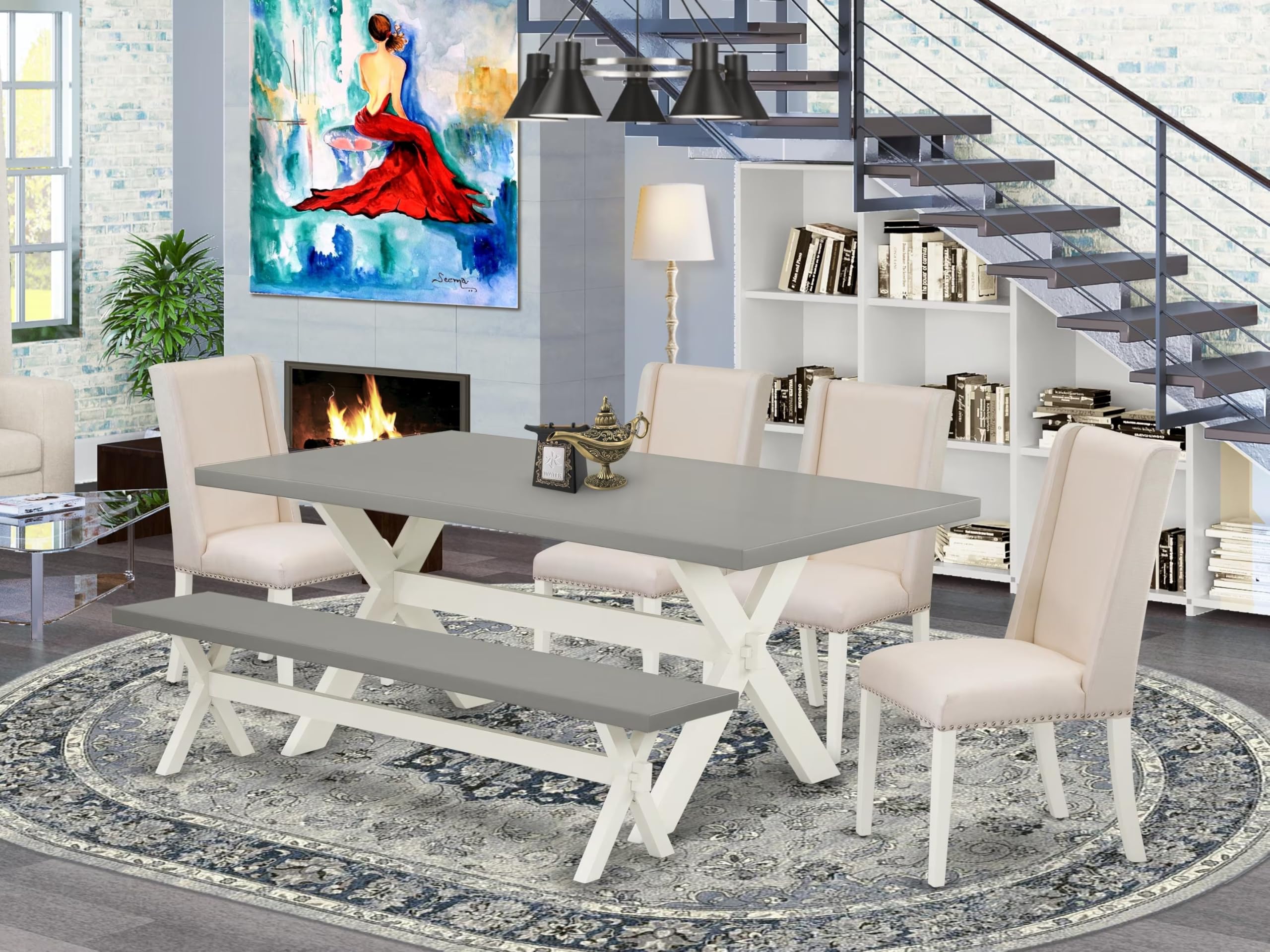 East West Furniture X097Fl201-6 6 Piece Kitchen Table Set Contains A Rectangle Dining Table With X-Legs And 4 Cream Linen Fabric Parson Chairs With A Bench, 40X72 Inch, Multi-Color
