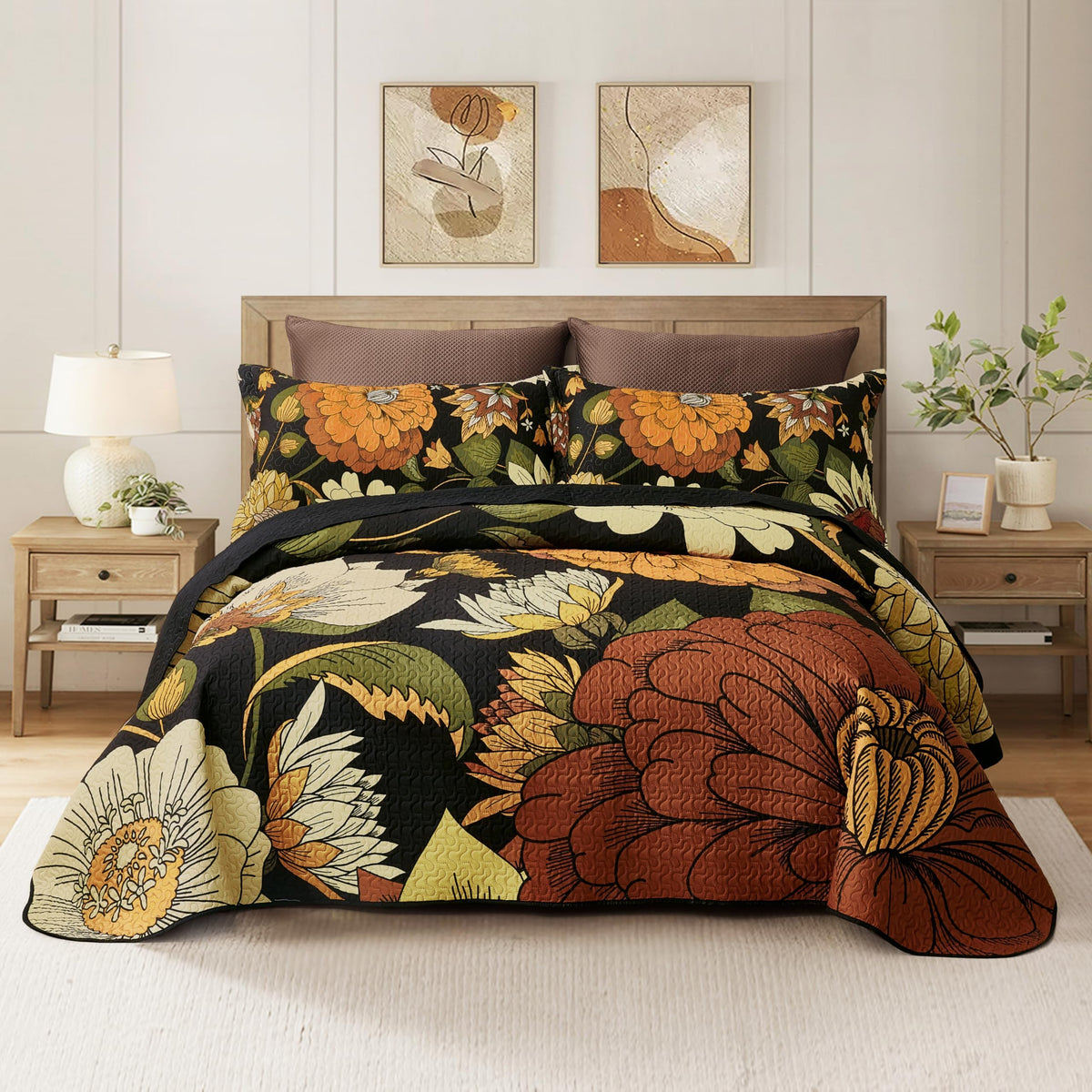 Tyrot 2 Piece Black Boho Floral Twin Size Quilt Sets Farmhouse Botanical Reversible Lightweight Bedspread Coverlet With 1 Sham M
