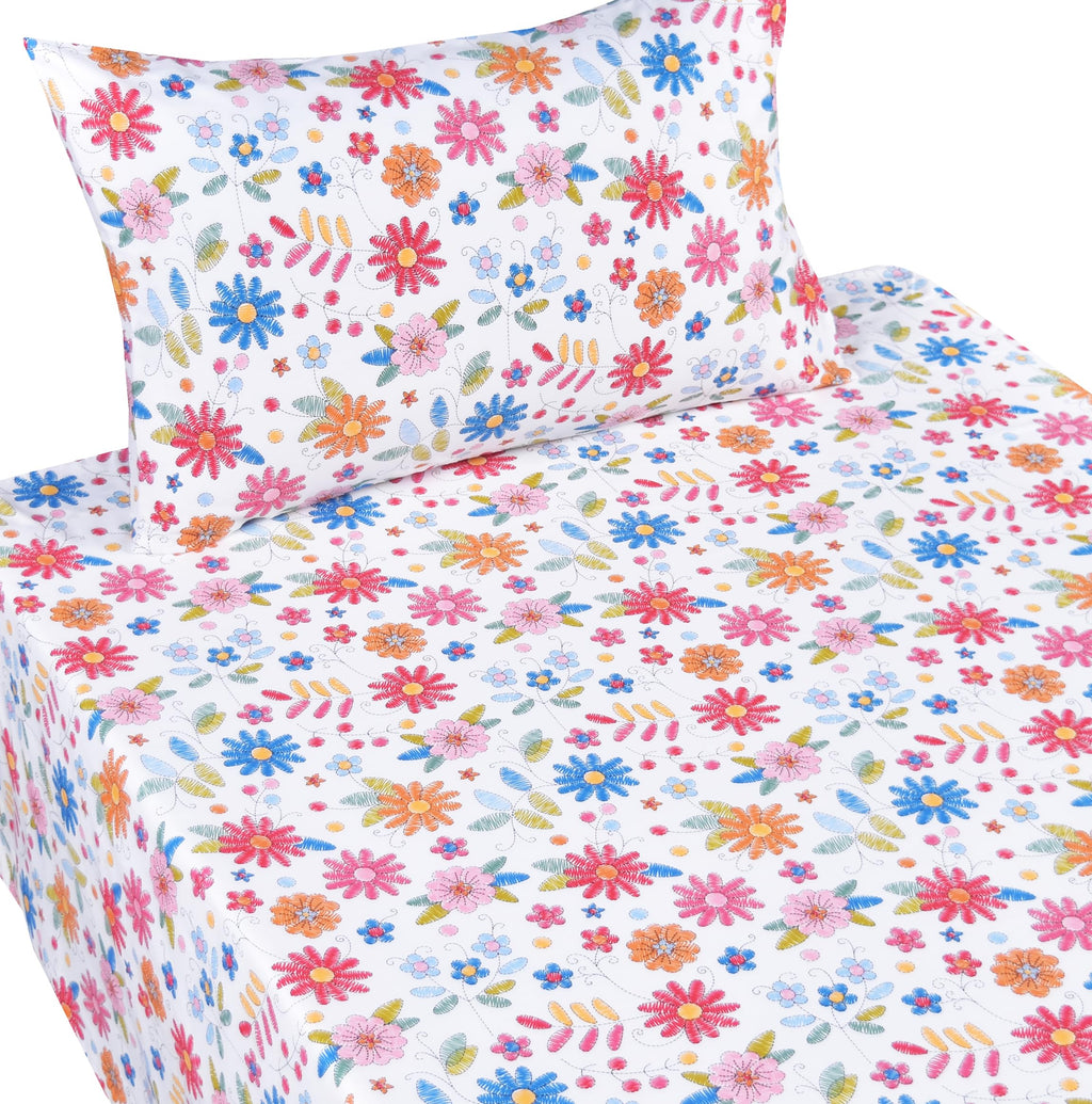 Scientific Sleep Twin Bed Sheet Set, 100% Cotton, Colorful Floral Design, 3 Pcs Includes Flat & Fitted Sheet, Pillowcase, Kids Bedding
