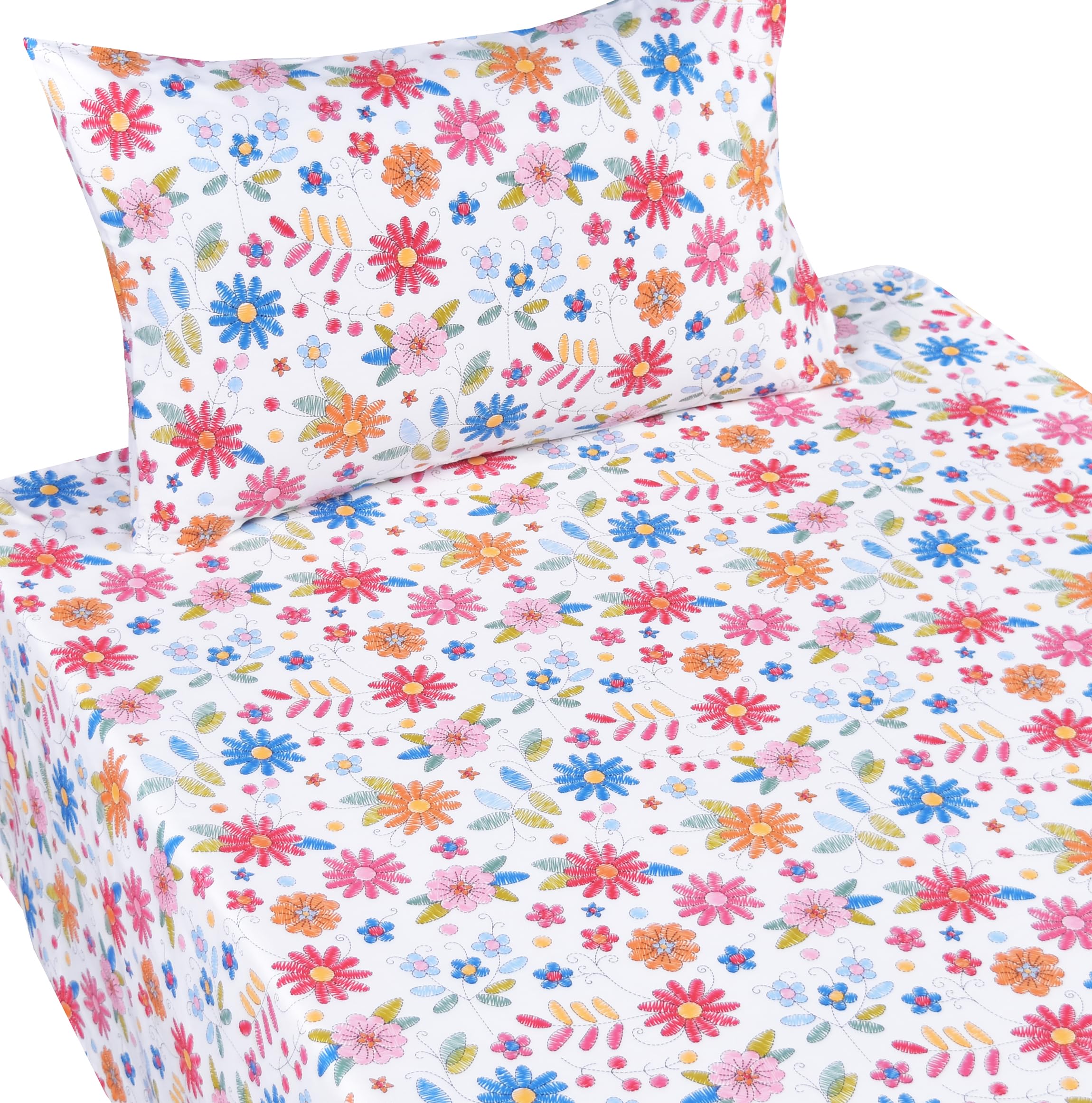 Scientific Sleep Twin Bed Sheet Set, 100% Cotton, Colorful Floral Design, 3 Pcs Includes Flat & Fitted Sheet, Pillowcase, Kids Bedding