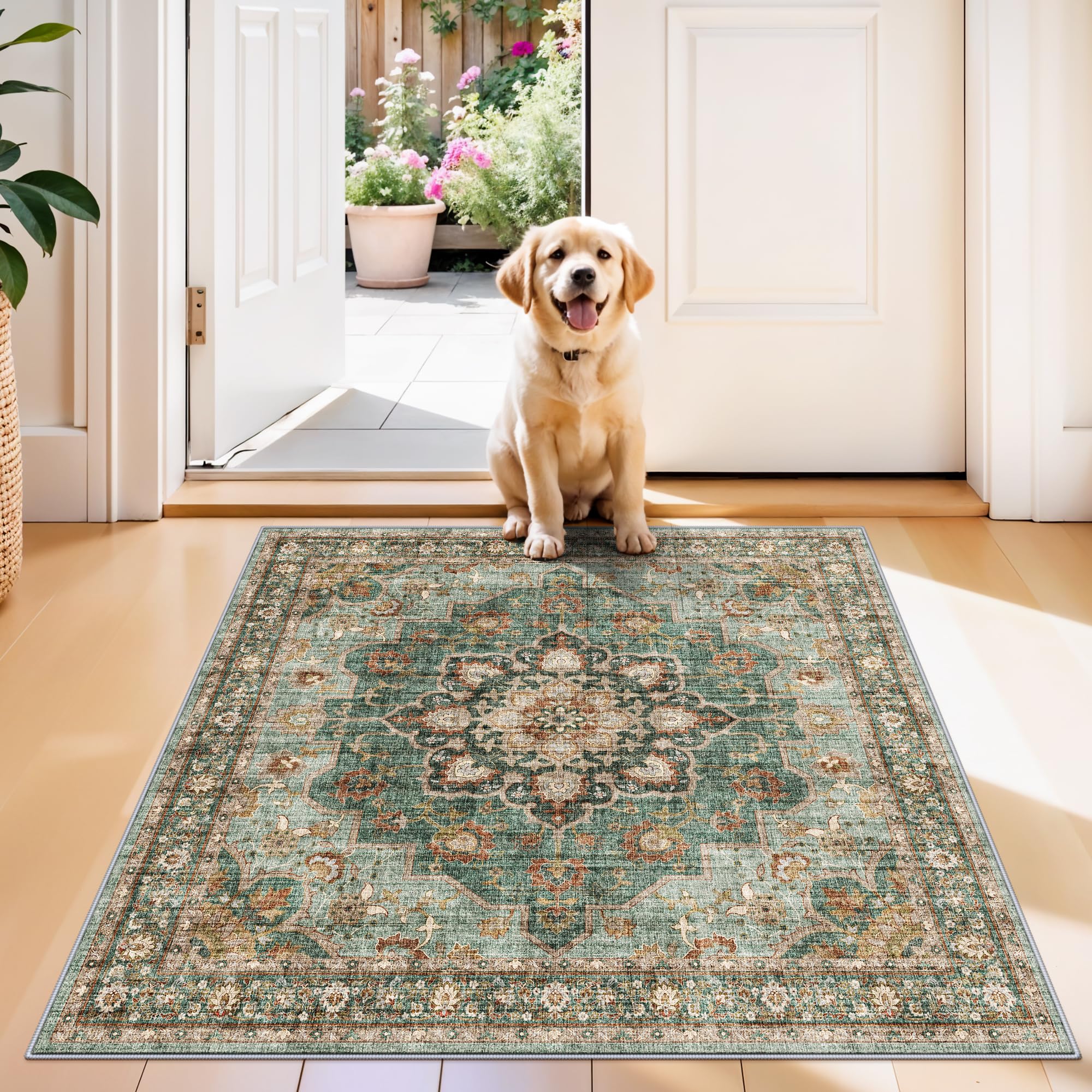 TOPRUUG Green Washable Entry Rug - 3x3 Area Rugs for Kitchen Bedroom Bedside Bathroom Entryway Non Slip with Rubber Backing Low 