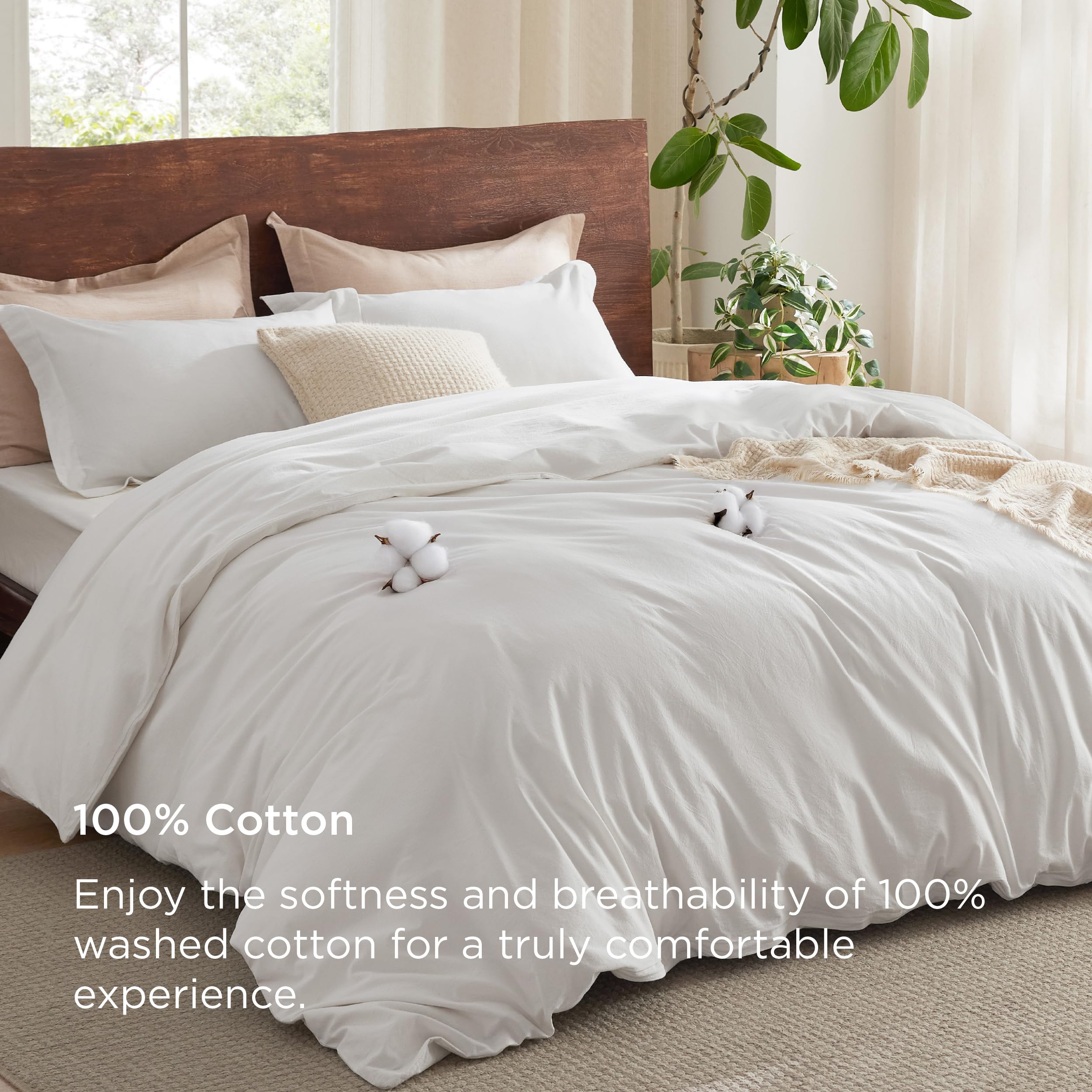 Bedsure 100% Washed Cotton Duvet Cover Cal King - Natural White Minimalist Cotton Duvet Cover Linen Like - Gentlesoft™ Plain Simple Bedding Set With 2 Pillow Shams (White, California King, 104'X98')