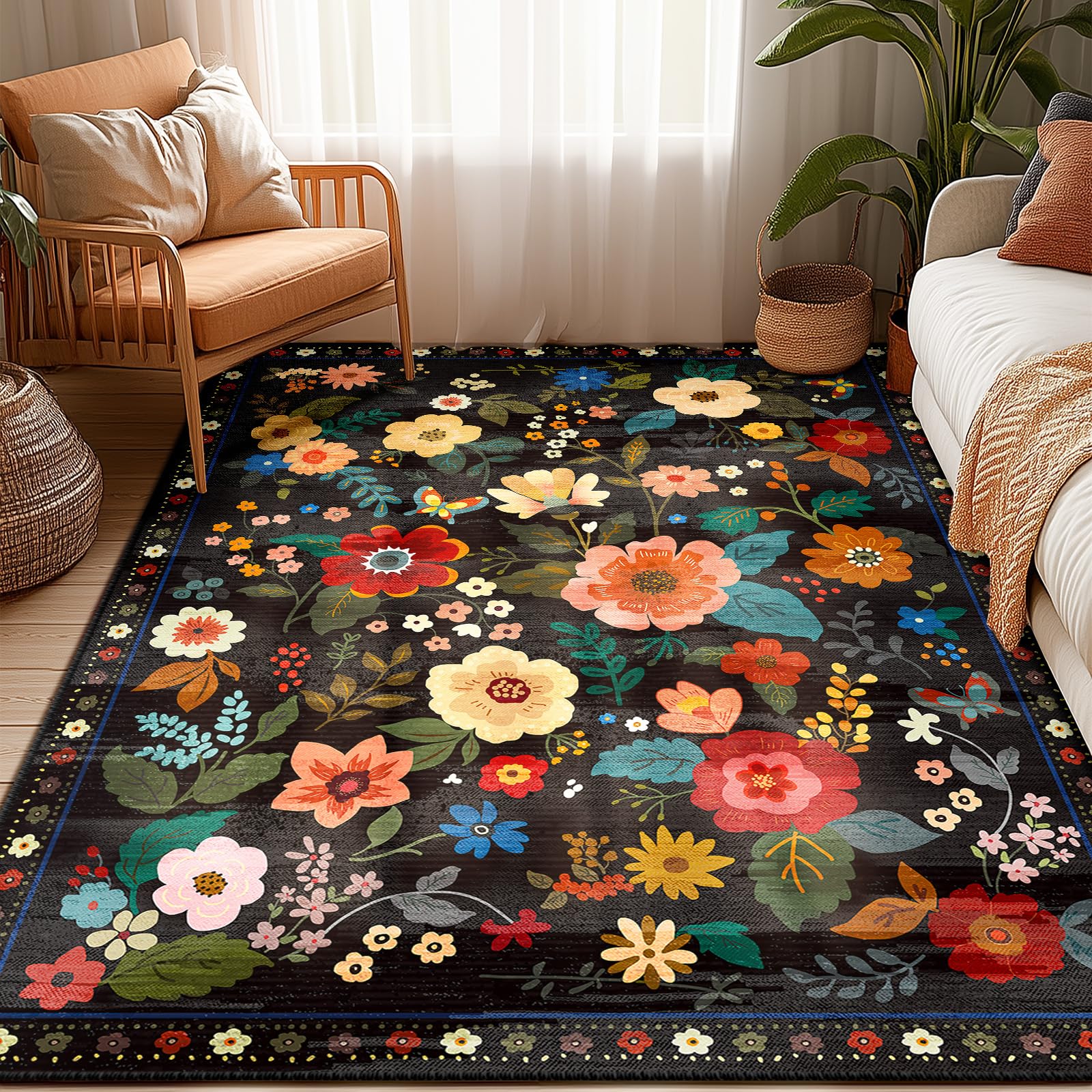 RELEANY Washable Area Rug, Runner Rug, Round Rug, Non Slip Boho Floral Vintage 5x7 Area Rugs for Living Room, 5x7 Rug for Bedroo