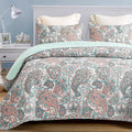 Exclusivo Mezcla Reversible Boho Quilt Set Queen Size, 3 Pieces Paisley Aqua All Season Bedspreads, Ultra Soft Floral Coverlet B